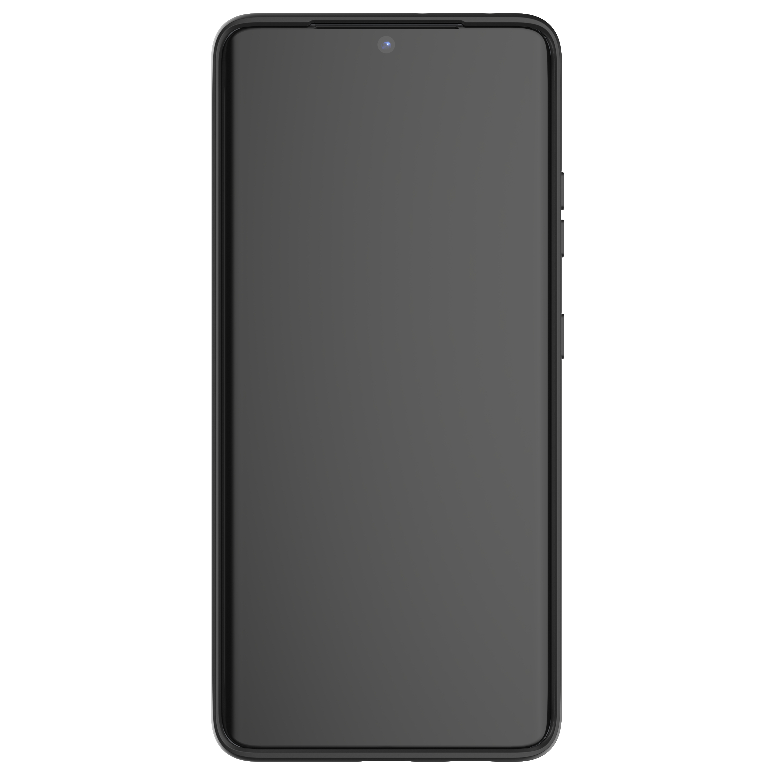 Ein schwarzes Smartphone mit leerem Bildschirm auf weißem Hintergrund.