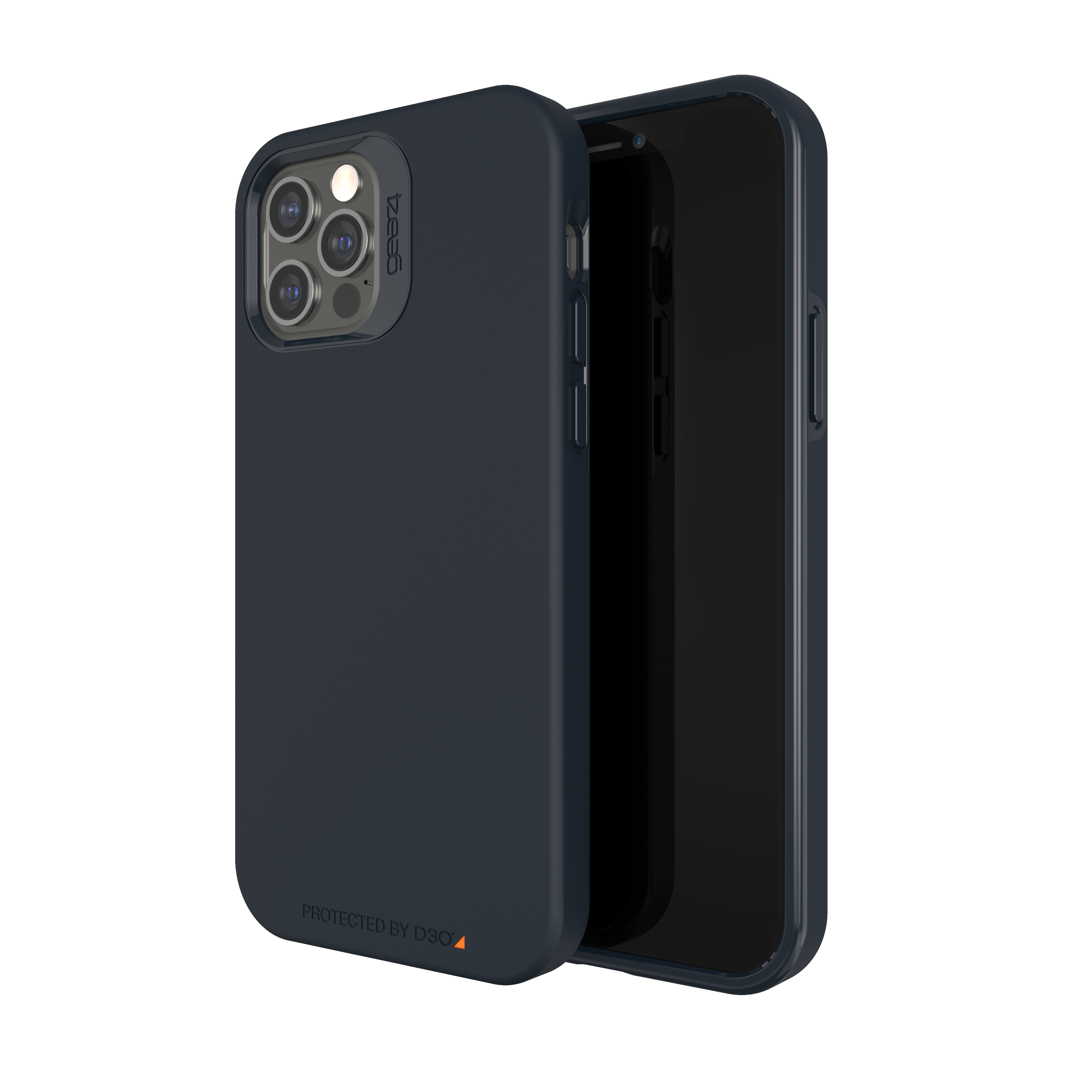 Eine dunkelblaue Handyhülle mit einem schwarzen Telefon, auf weißem Hintergrund.