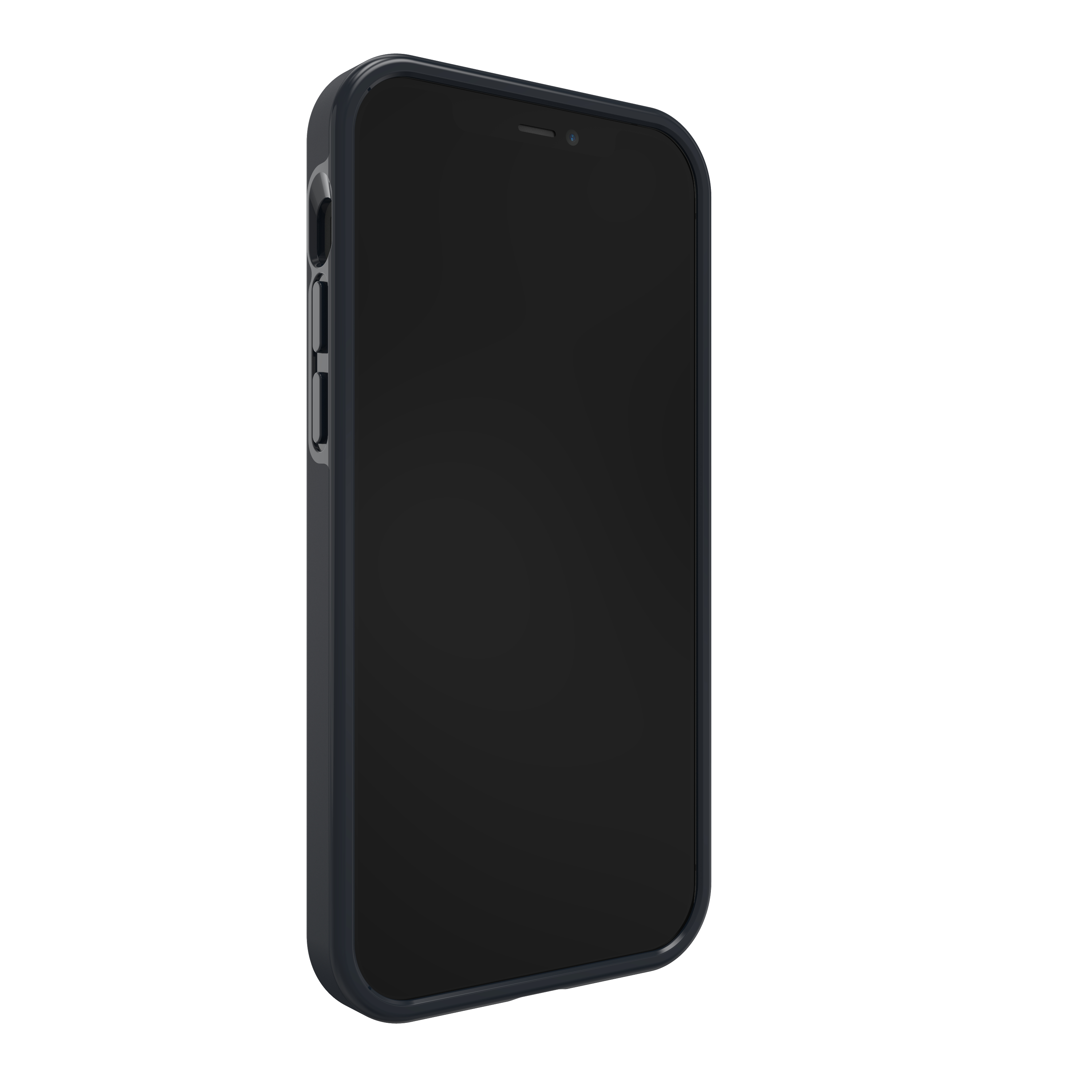 Schwarzes Smartphone in einer dunkelblauen Hülle. Der Bildschirm ist schwarz. Das Gehäuse hat abgerundete Kanten.