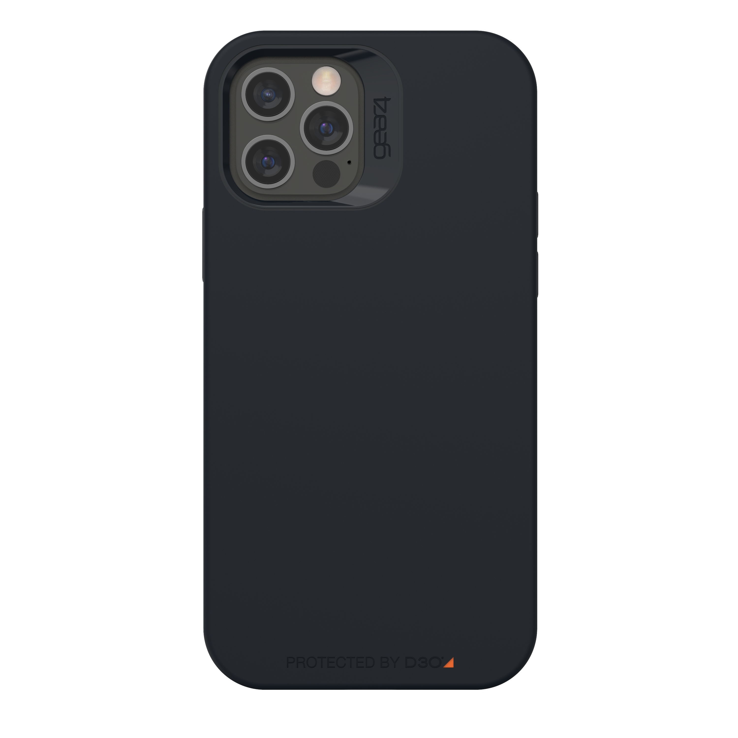 Eine schwarze Handyhülle mit drei Kameralinsen und den Worten 'PROTECTED BY D3O'.