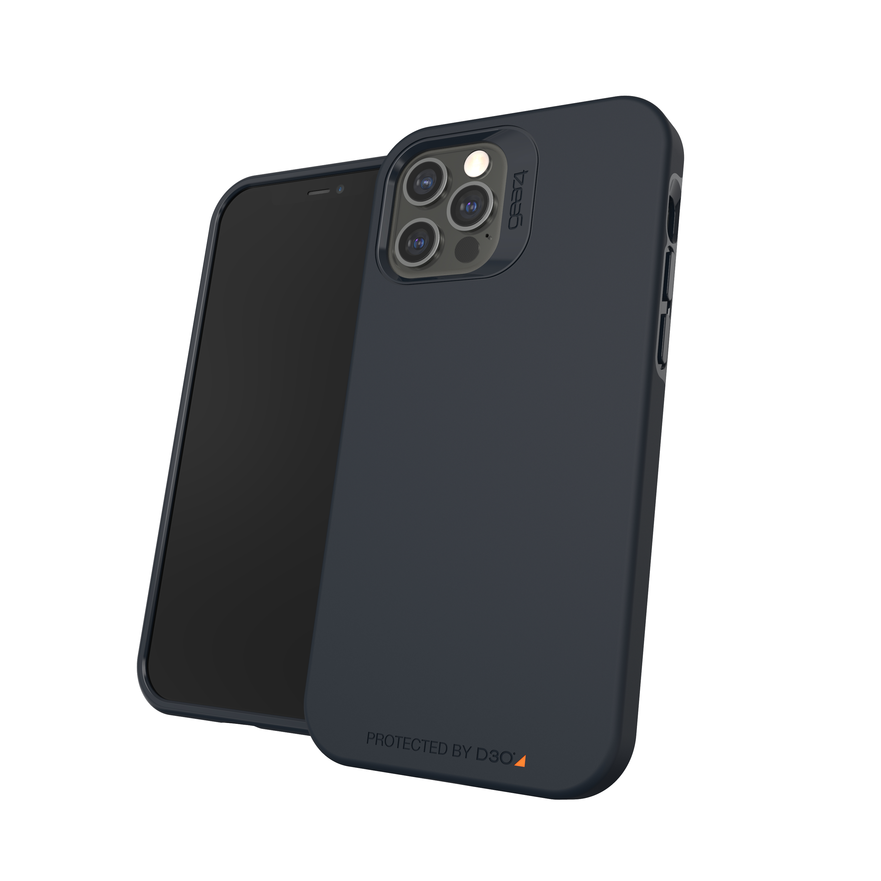 Schwarzes Telefon mit Hülle. Die Hülle ist marineblau mit D3O-Logo. Eine Kamera ist sichtbar.