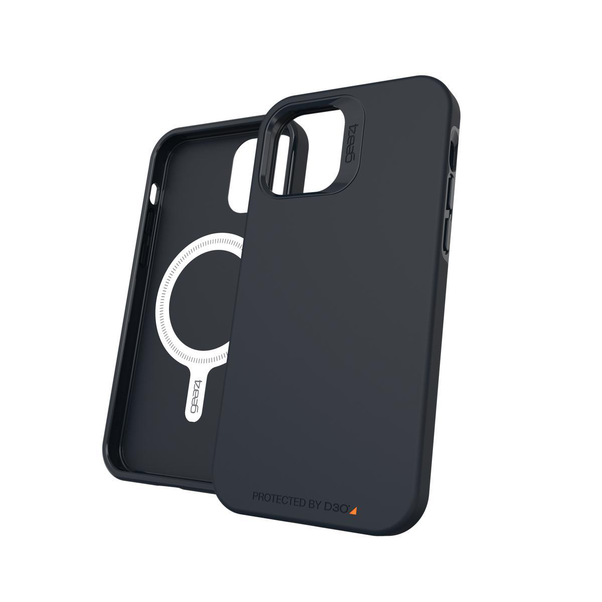 Schwarze Telefonhülle, geöffnet, mit weißem Kreis innen und einem separaten Teil.