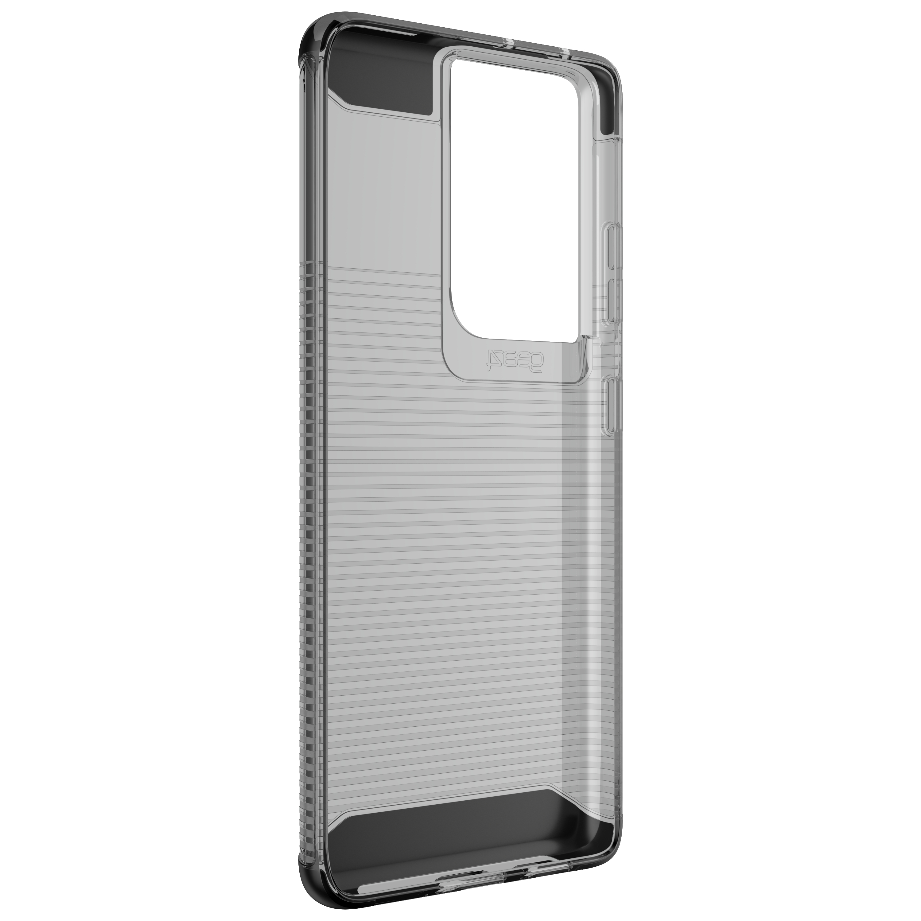 Eine transparente Handyhülle mit horizontalen Linien und schwarzen Akzenten.