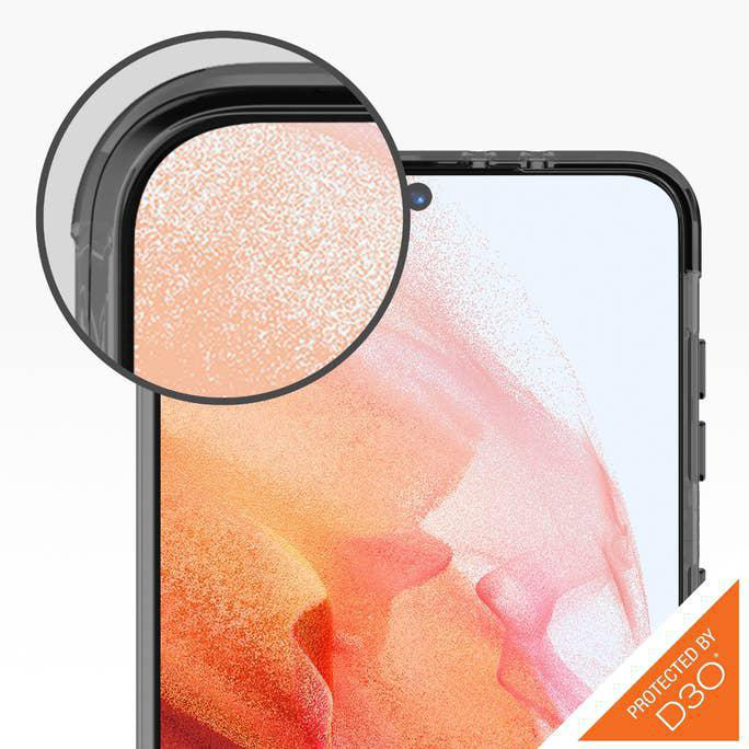 Nahaufnahme eines Telefons in einer Schutzhülle. Die Hülle hat eine transparente Rückseite mit vergrößerter Ecke, die Schutz zeigt.