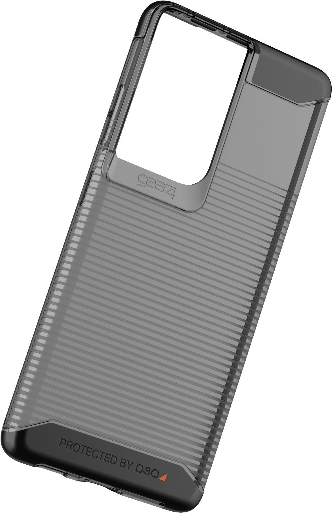 Transparente Handyhülle mit Kameraausschnitt. Die Hülle hat ein geriffeltes Design.