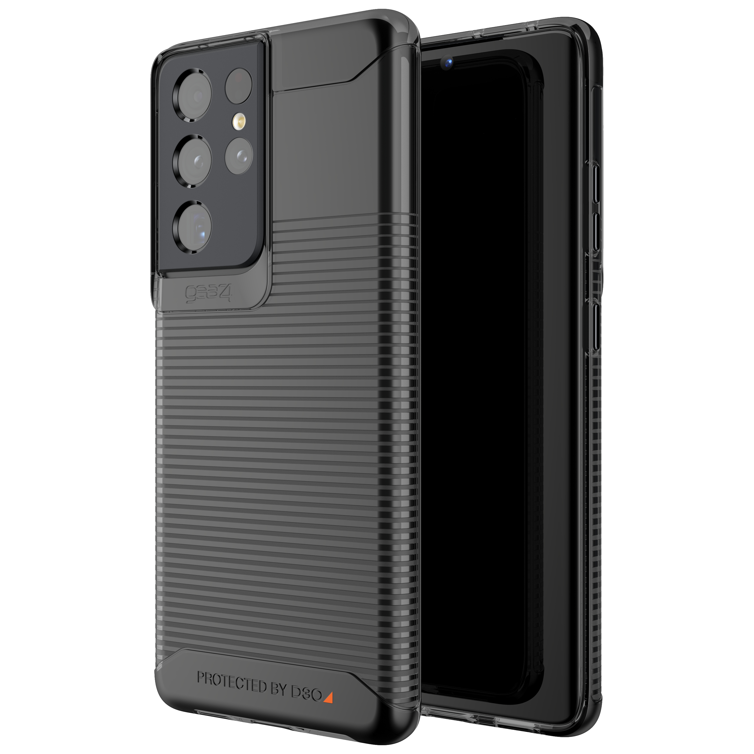 Schwarze Handyhülle mit horizontalen Linien und einem schwarzen Telefon. Weißer Hintergrund.