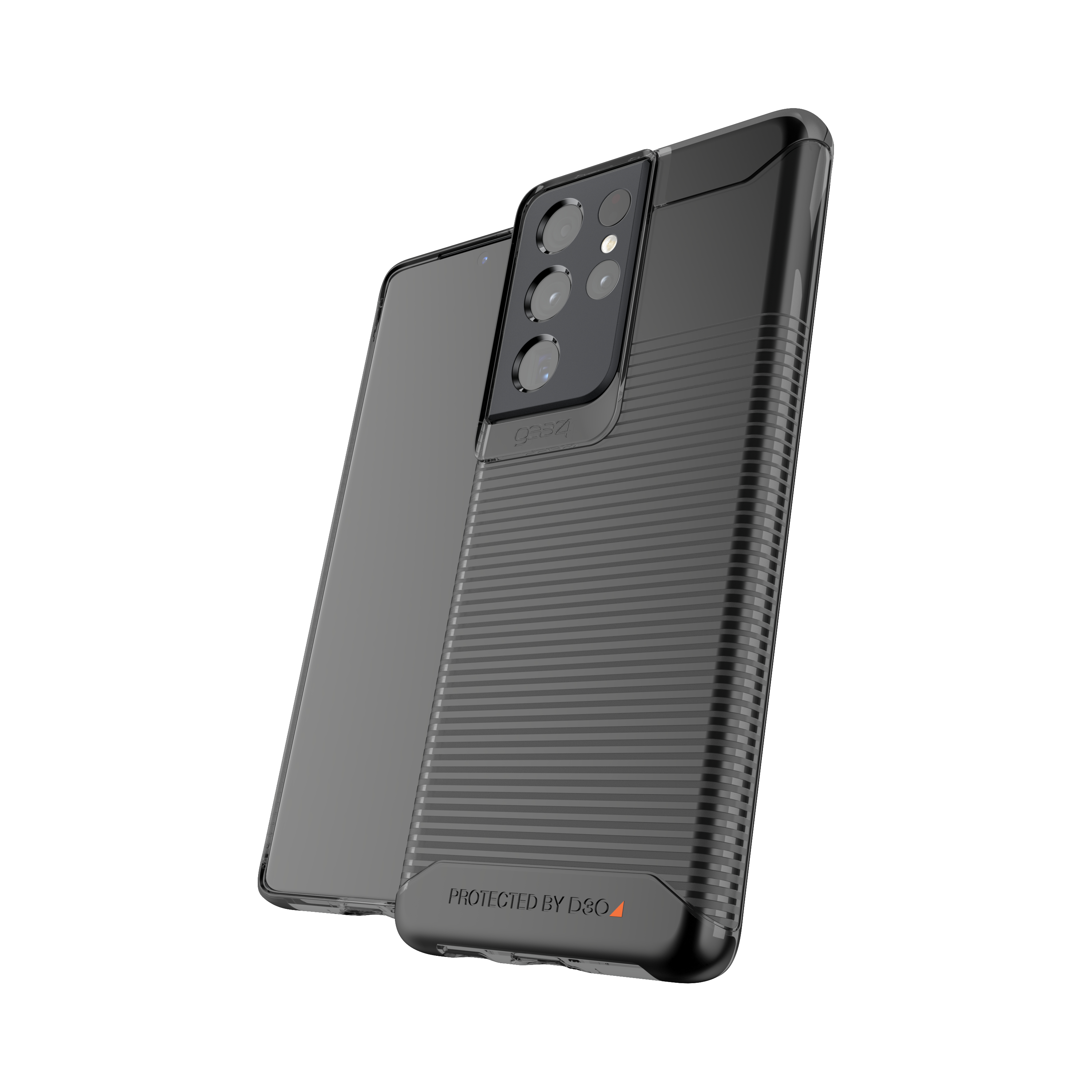 Schwarzes Telefon mit Hülle. Die Hülle hat eine geriffelte Rückseite und ein D3O-Logo.