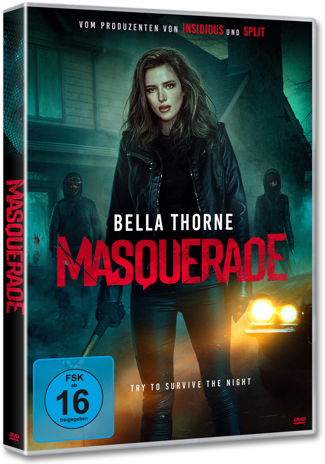 DVD-Hülle mit Bella Thorne auf dem Cover, Titel "MASQUERADE" und weiterer Text.