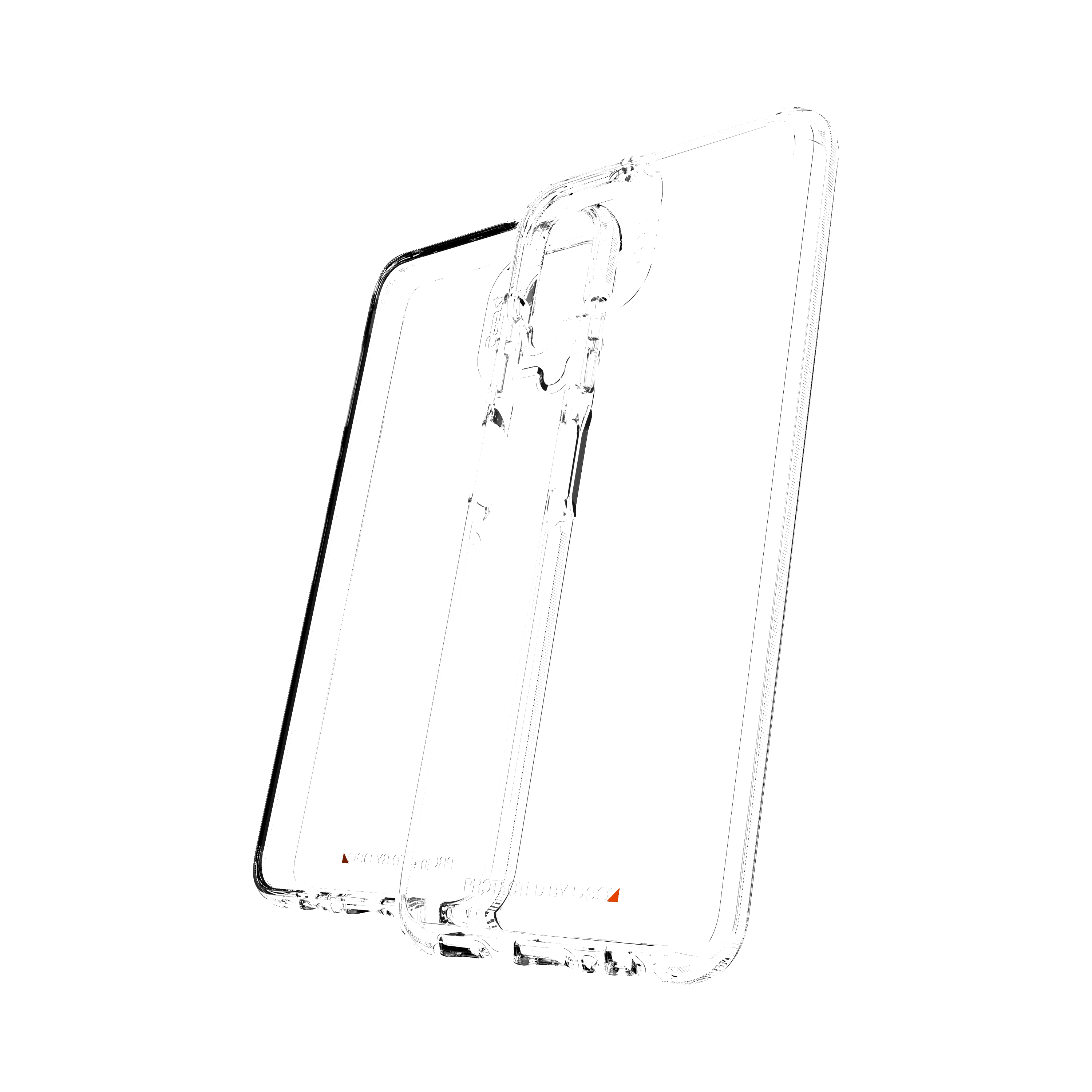 Transparente Handyhülle. Zwei Teile, Innendetails zeigend.