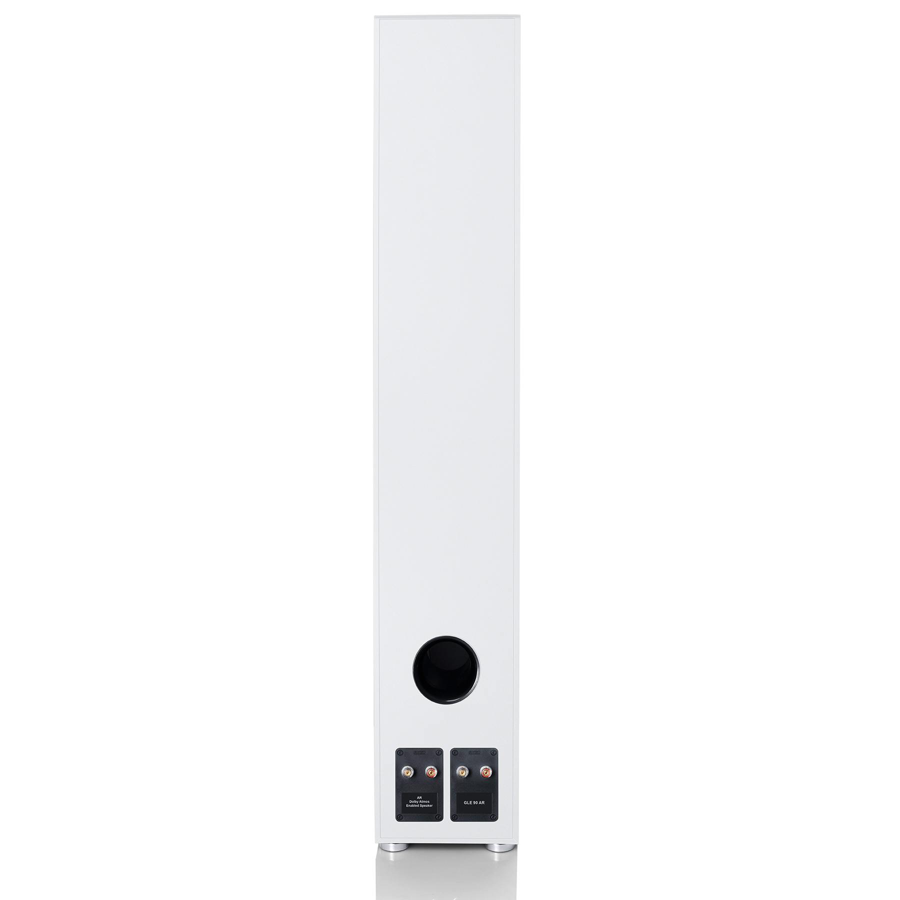 Ein hoher, weißer Lautsprecher mit einem schwarzen Lautsprecher und Anschlüssen auf der Rückseite.