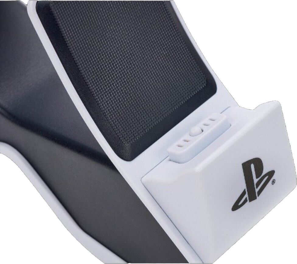 Support de manette PS5 blanc avec le logo Playstation et une surface en maille noire.
