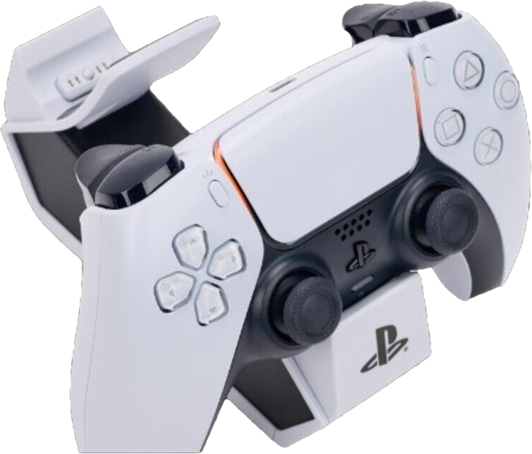 Manette PS5 blanche et noire dans une station de charge. La manette a des joysticks et des boutons noirs.