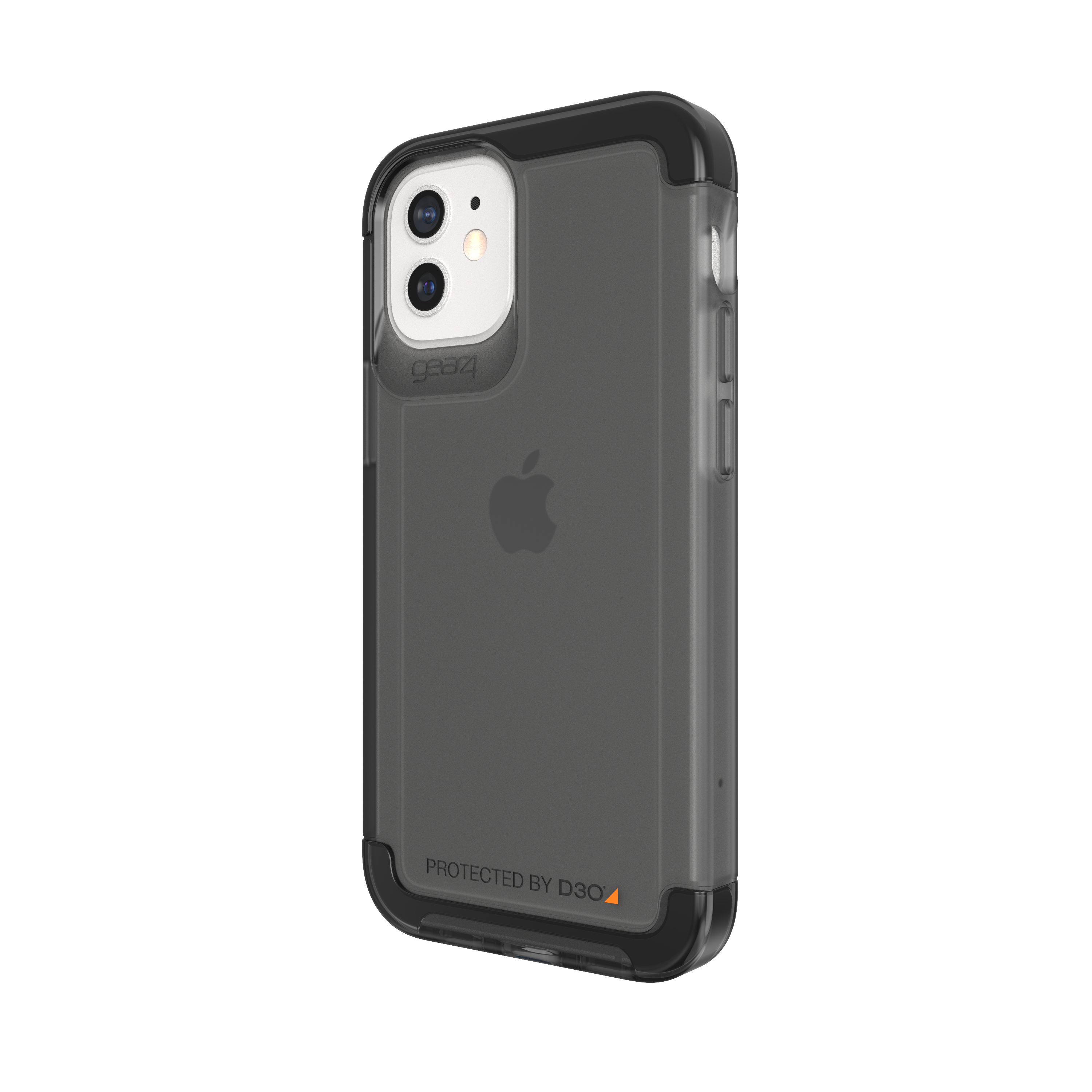 Eine schwarz-graue Handyhülle mit Apple-Logo und schwarzen Akzenten.