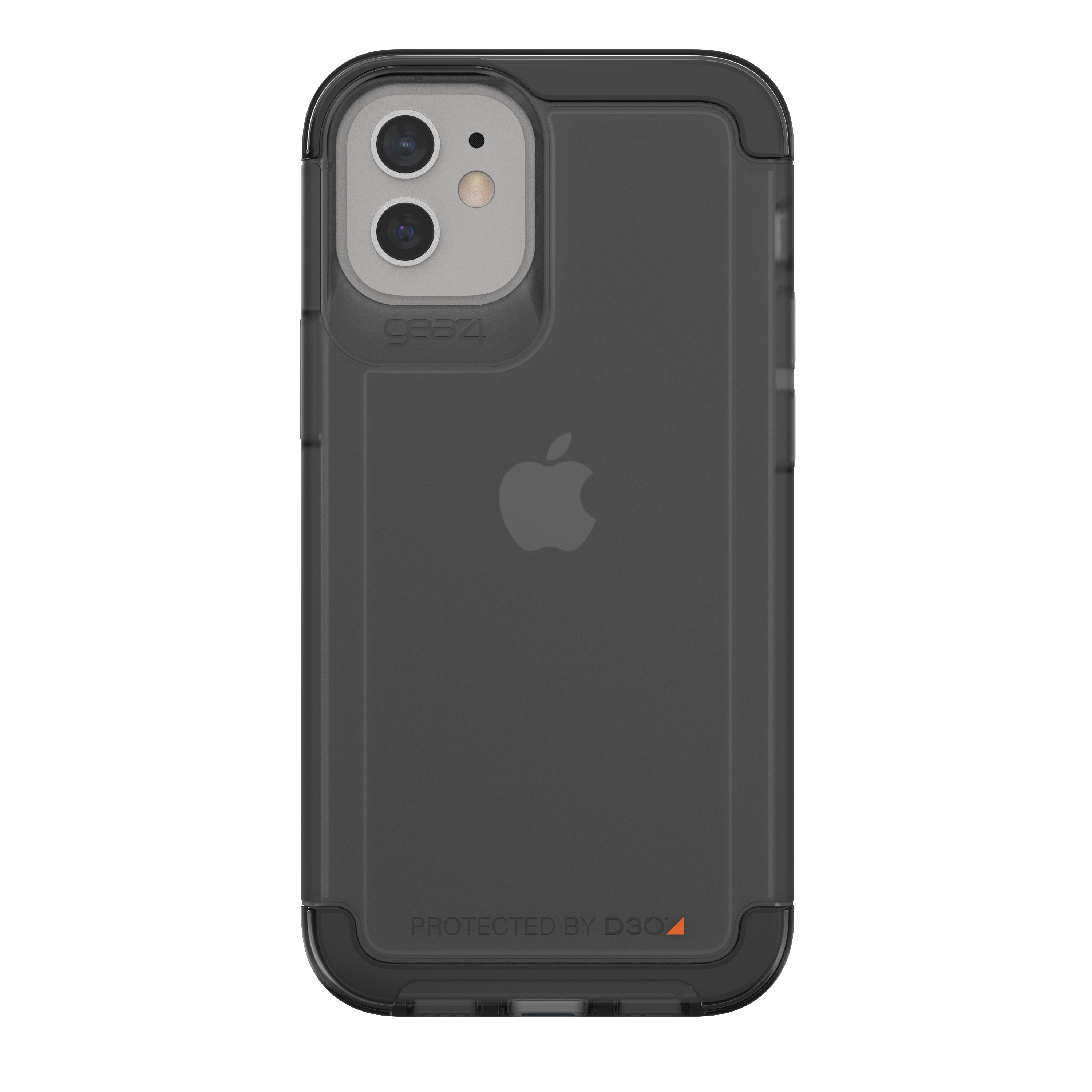 Schwarze Handyhülle auf Weiß. Hülle hat schwarzen Rahmen. Apple-Logo hinten. Geschützt durch D3O-Label.