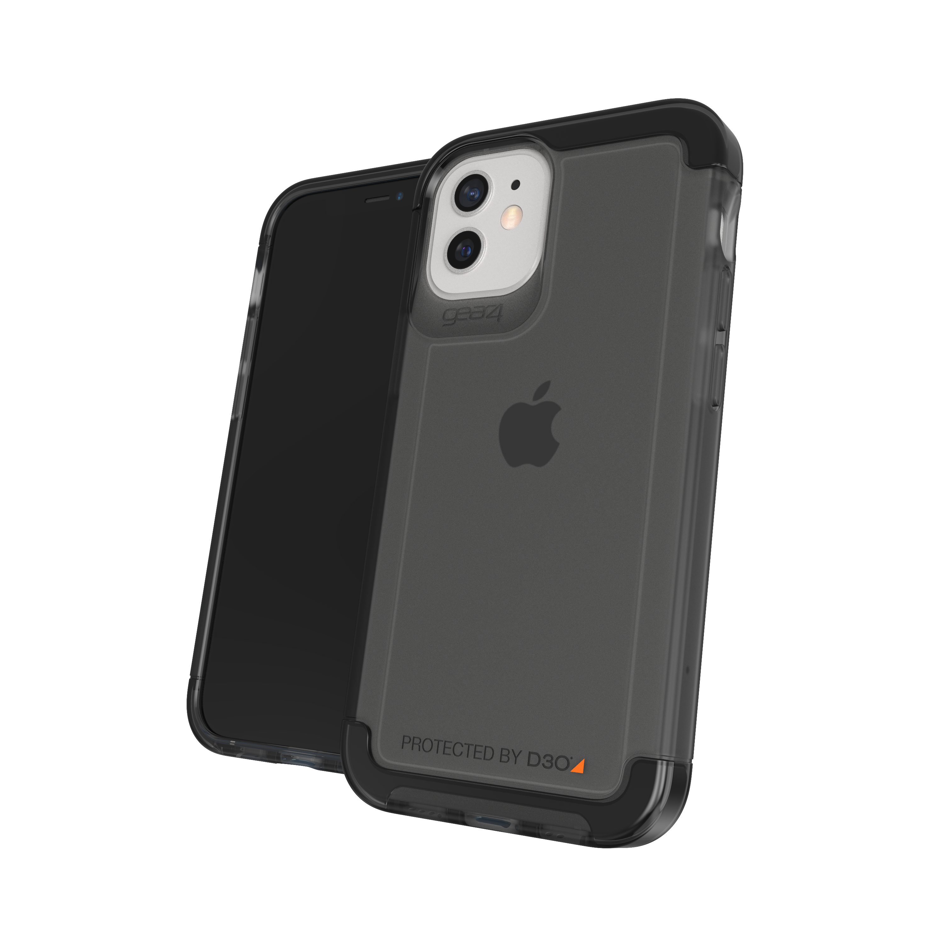 iPhone in klarer Hülle mit schwarzen Akzenten. Zeigt das Apple-Logo und Textur.