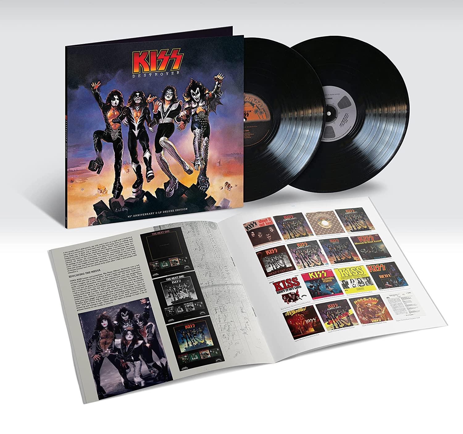 Kiss 'Destroyer' 45. évfordulós 2 LP Deluxe Edition kapunyíló tokkal és kinyitott könyvecskével.