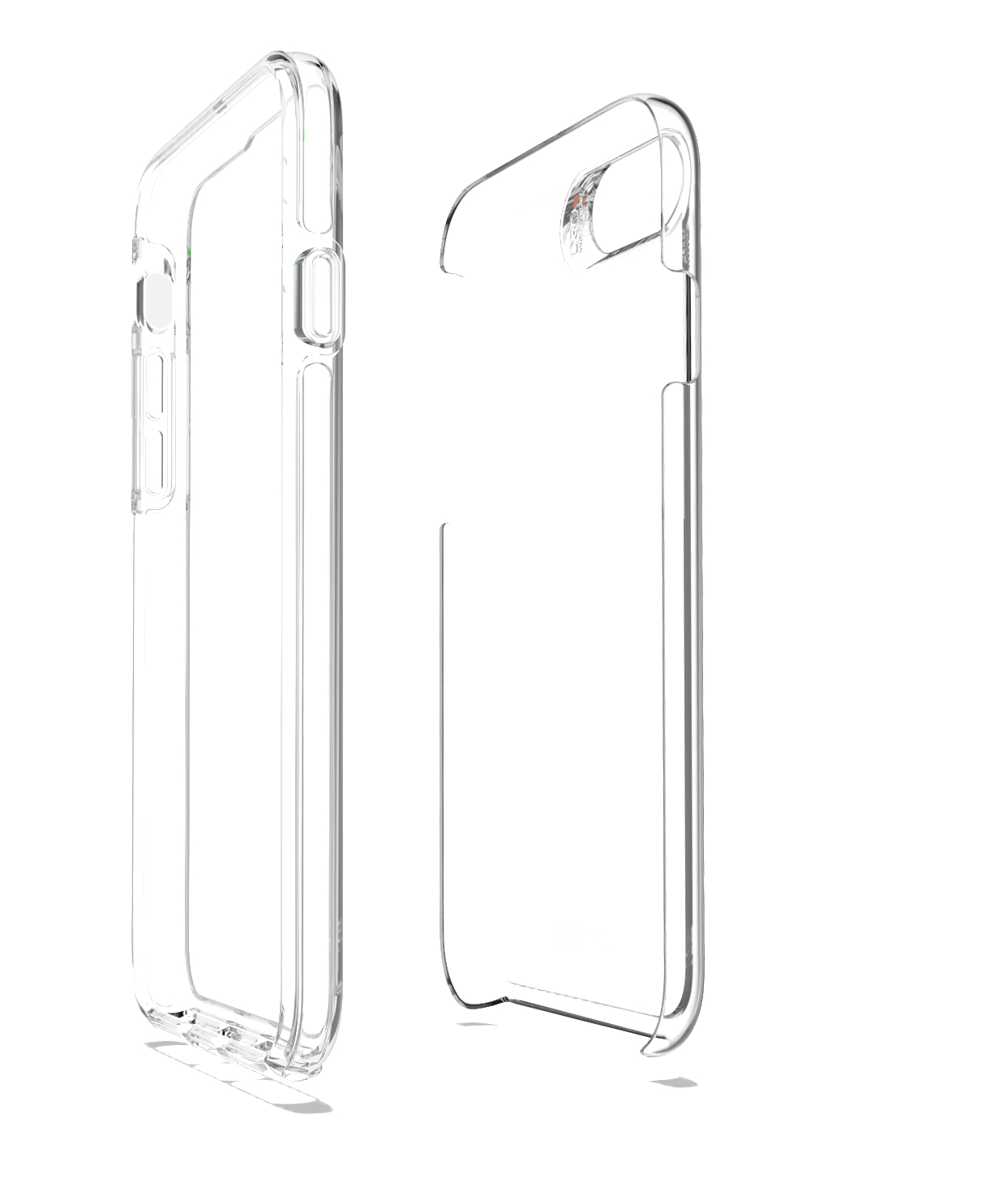 Zwei transparente Handyhüllen nebeneinander. Transparentes Plastik, weißer Hintergrund.