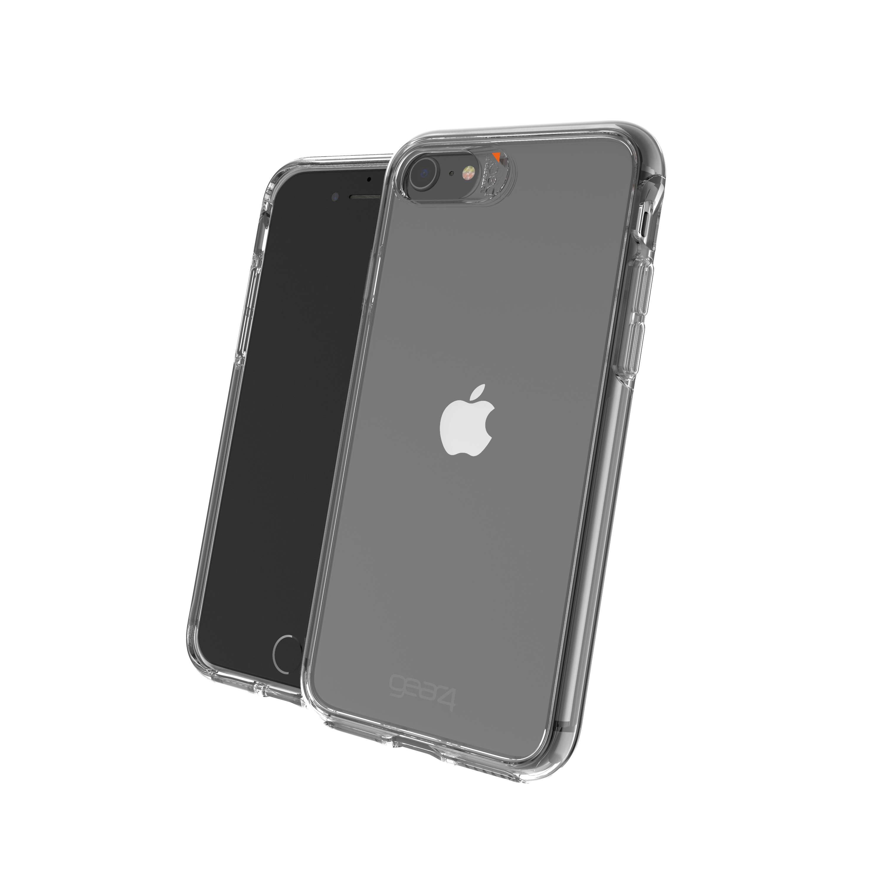 Transparente Handyhülle auf einem iPhone, das die Rückseite und die Kamera zeigt, isoliert auf weißem Hintergrund.