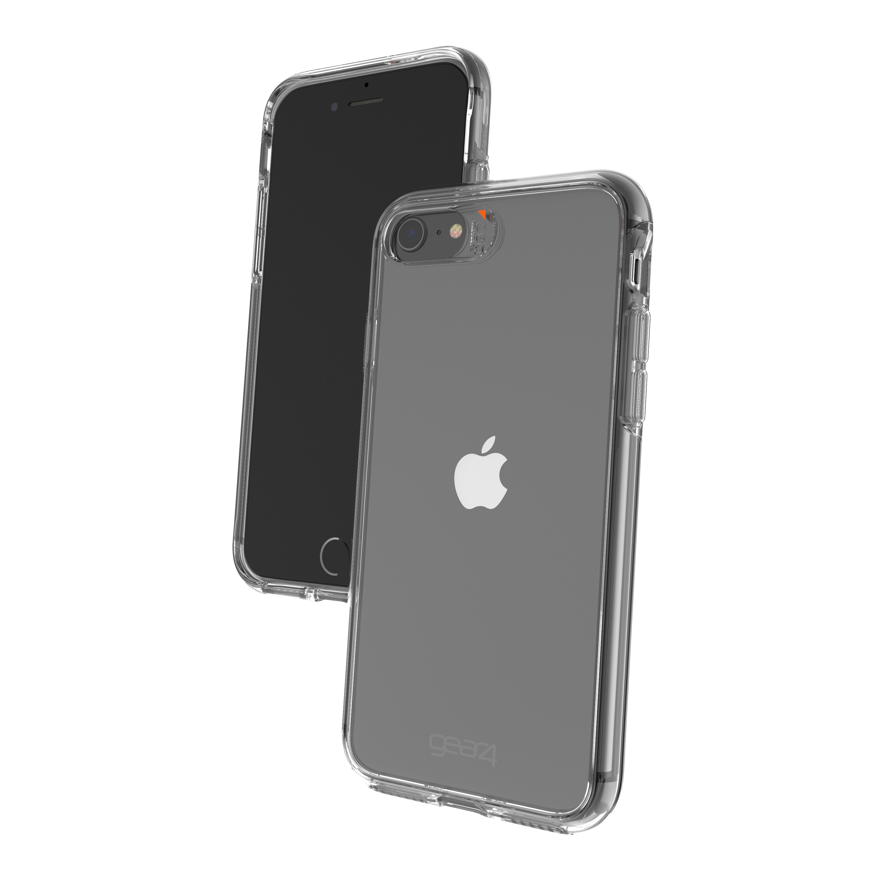 Zwei Telefone, eins mit klarer Hülle, das andere mit Apple-Logo, auf weißem Hintergrund.