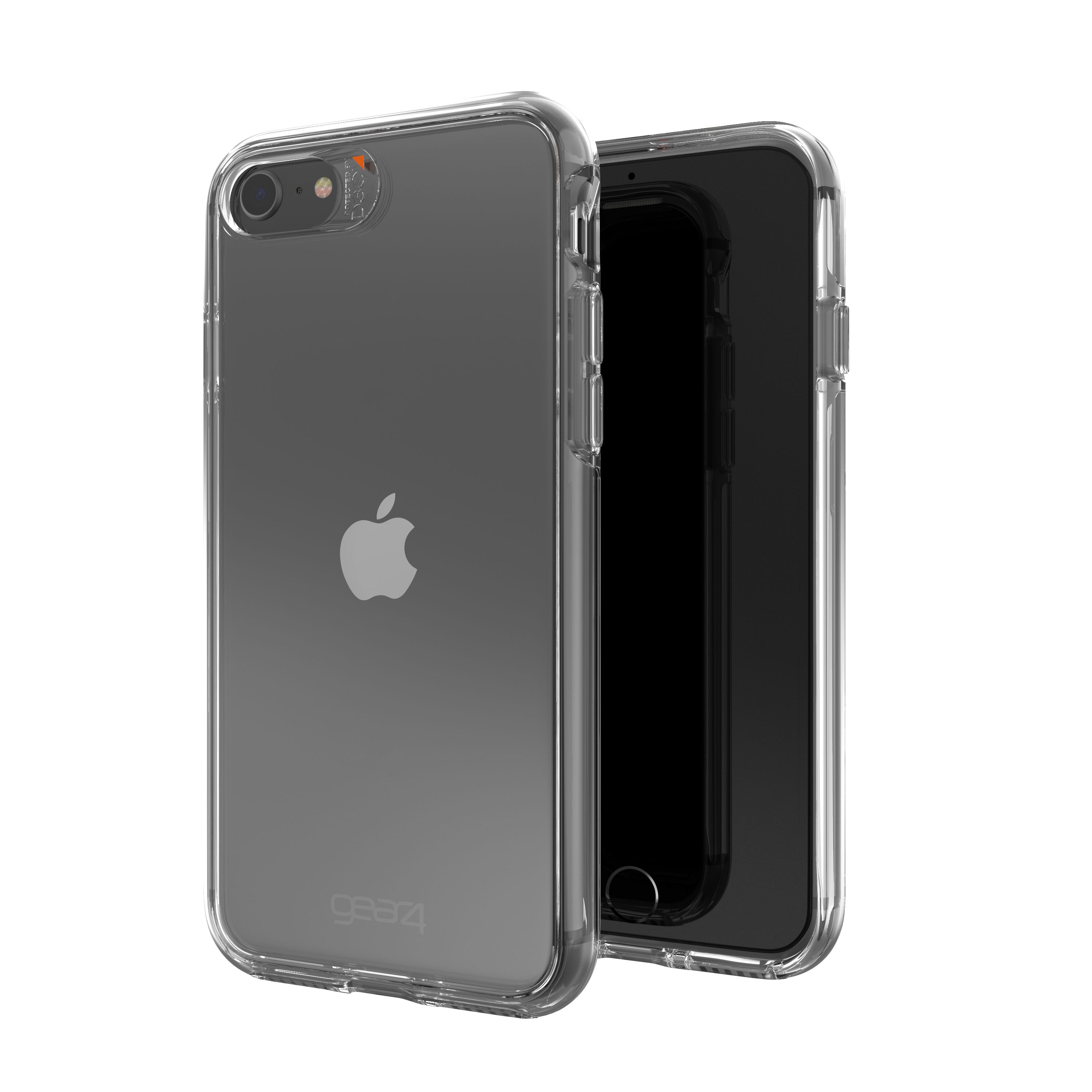 Eine transparente Handyhülle, die ein schwarzes Telefon hält. Das Apple-Logo ist auf dem Telefon sichtbar.