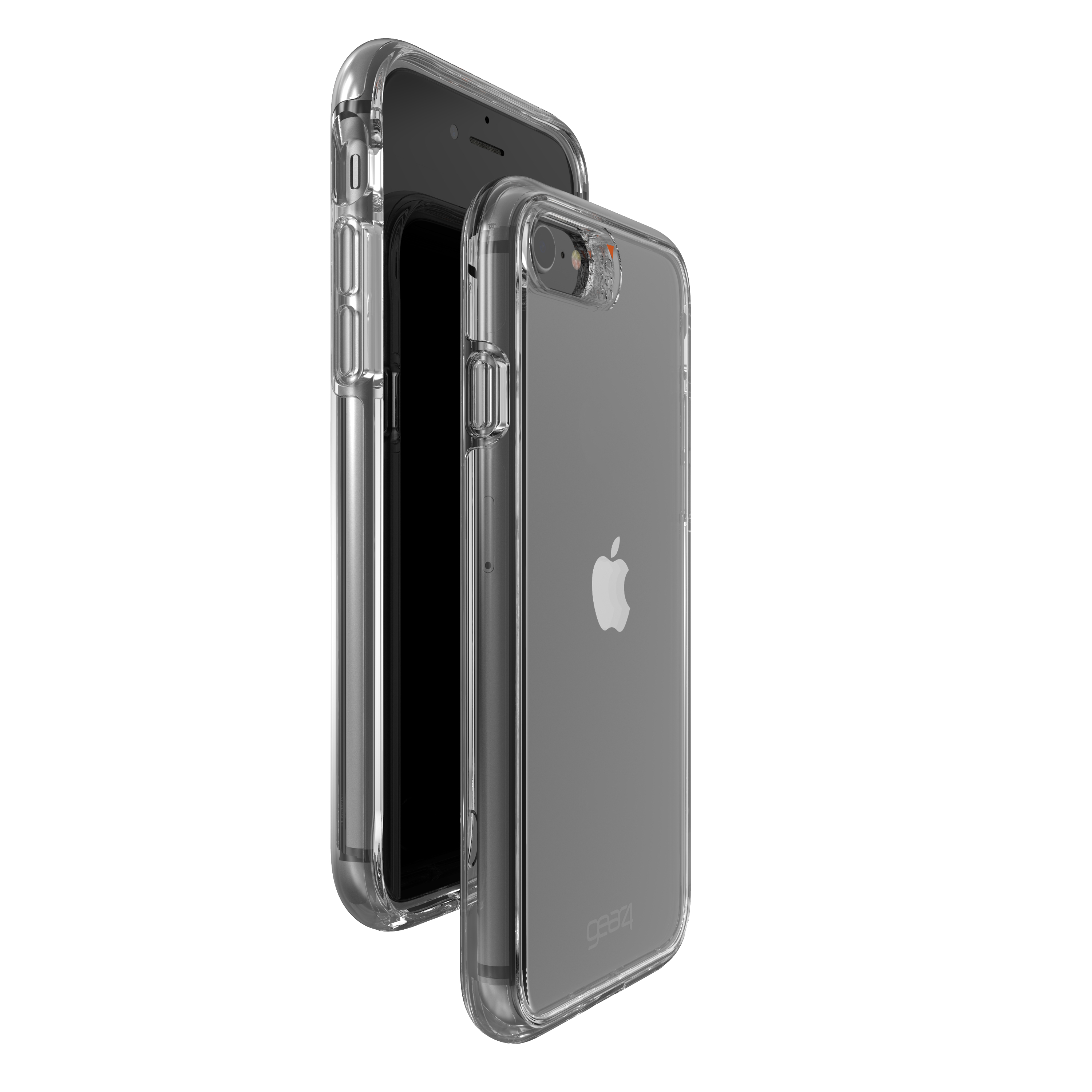 Zwei transparente Handyhüllen, eine links und eine rechts, mit einem schwarzen Telefon in einer.