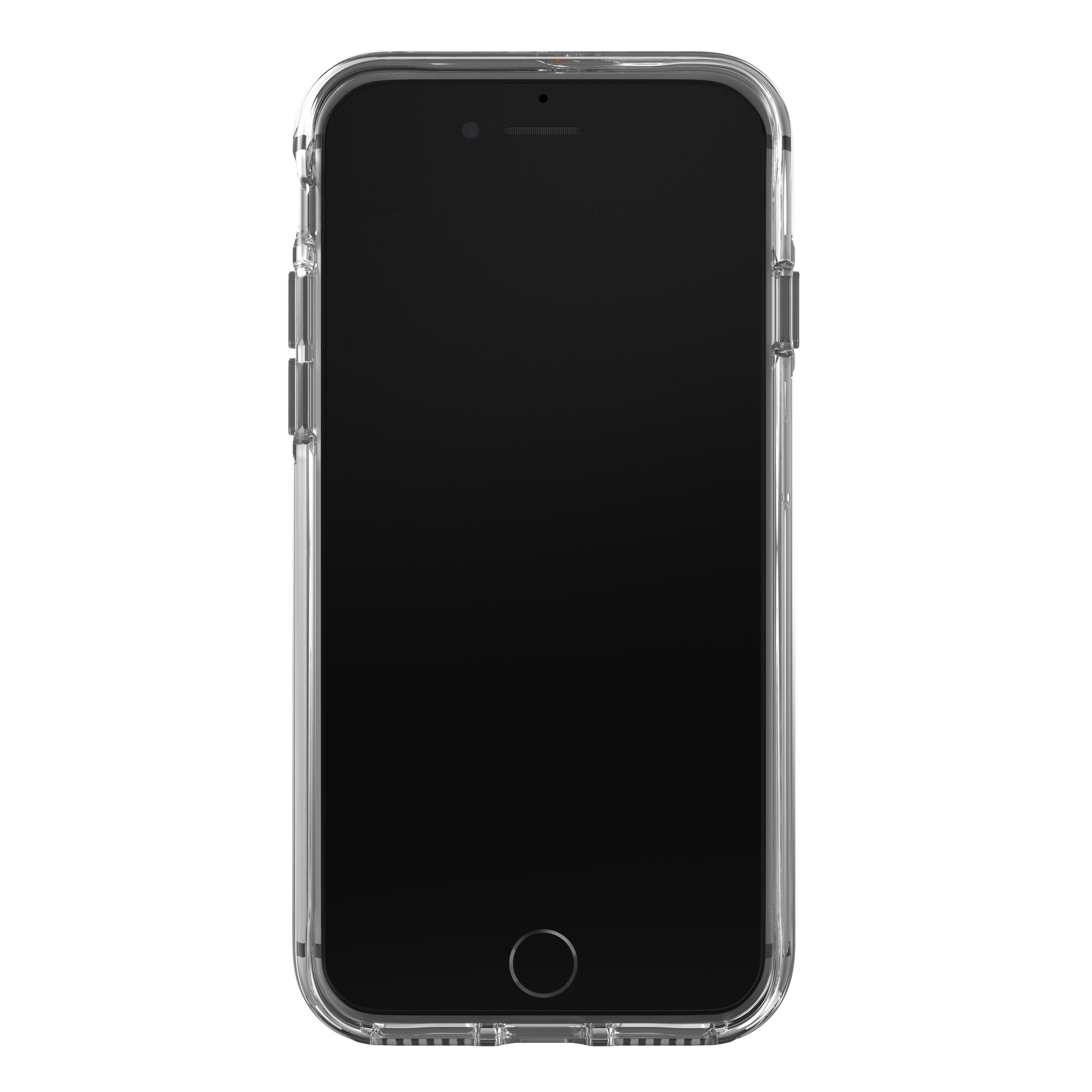 Transparente Handyhülle auf einem Telefon, zeigt den schwarzen Bildschirm.