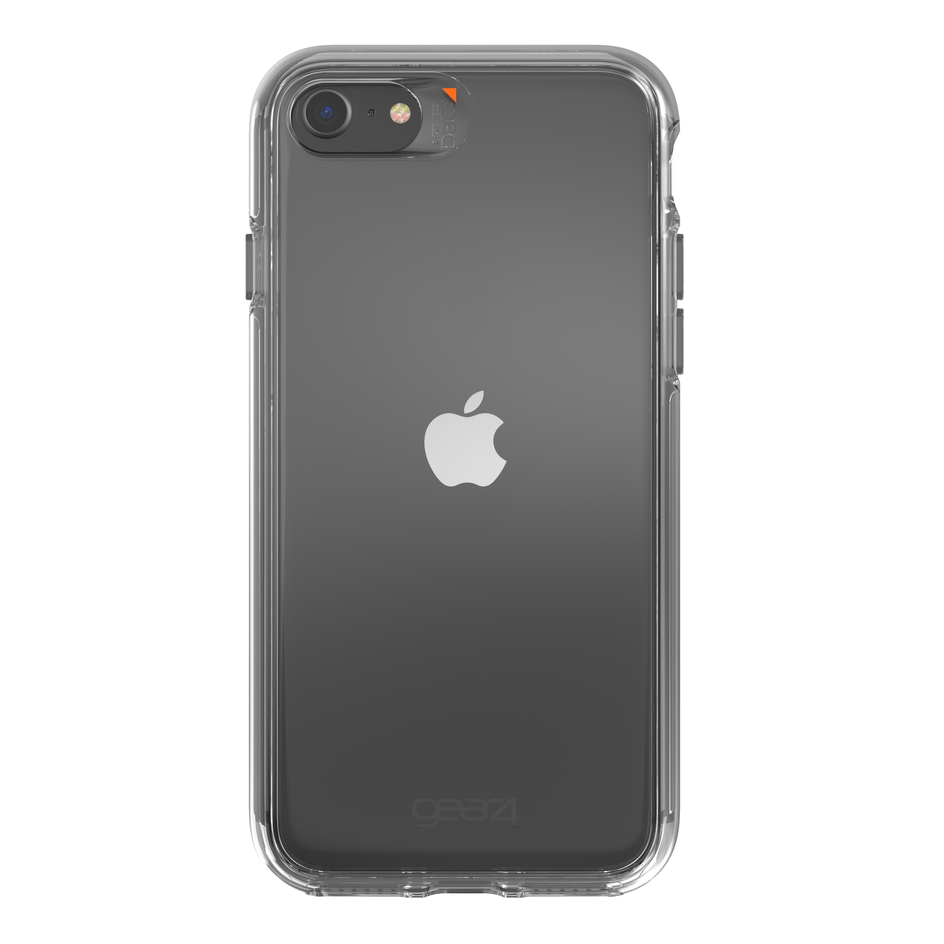 Ein Telefon in einer transparenten Hülle. Das Telefon hat ein Apple-Logo.