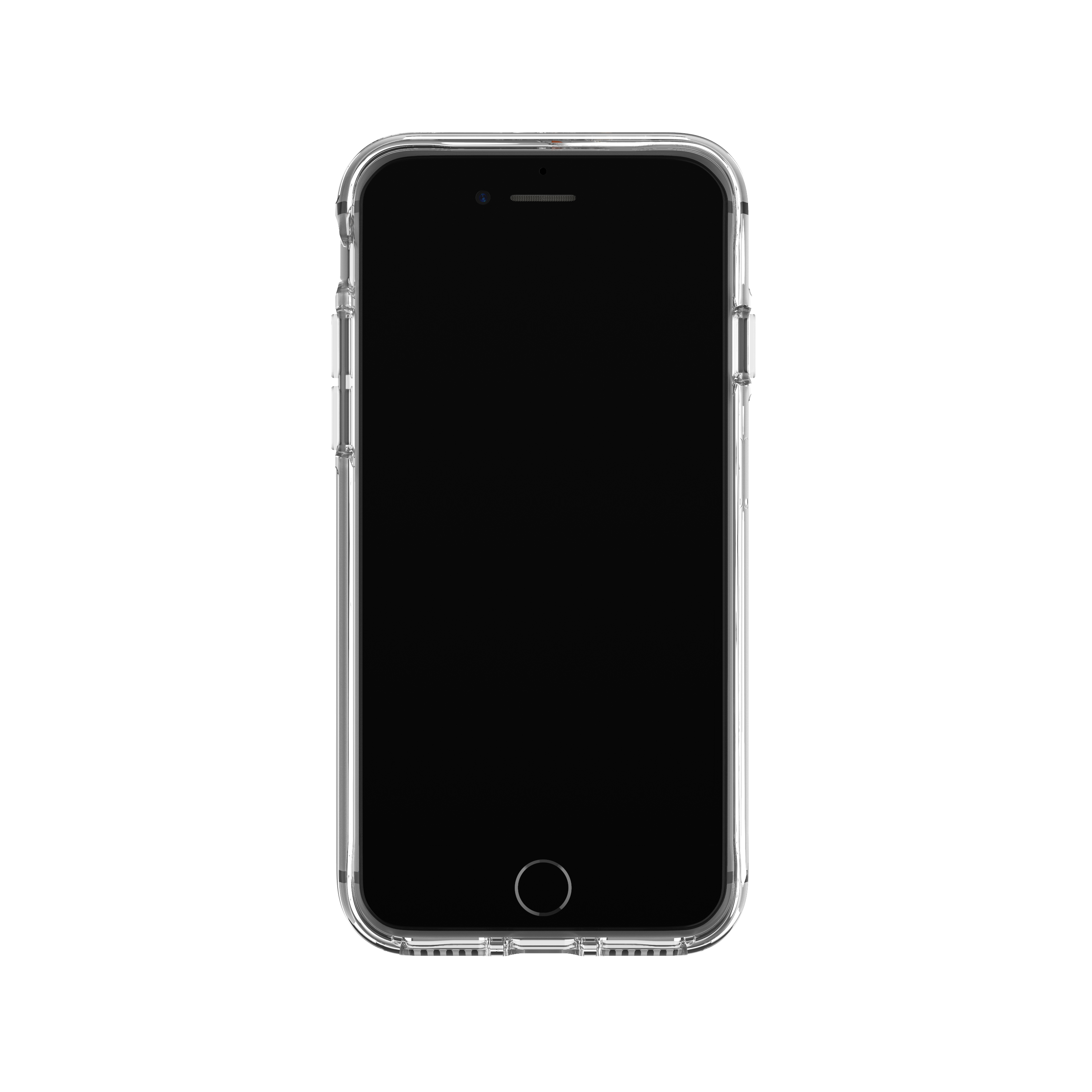 Eine transparente Handyhülle mit einem schwarzen Telefon, isoliert auf weißem Hintergrund.