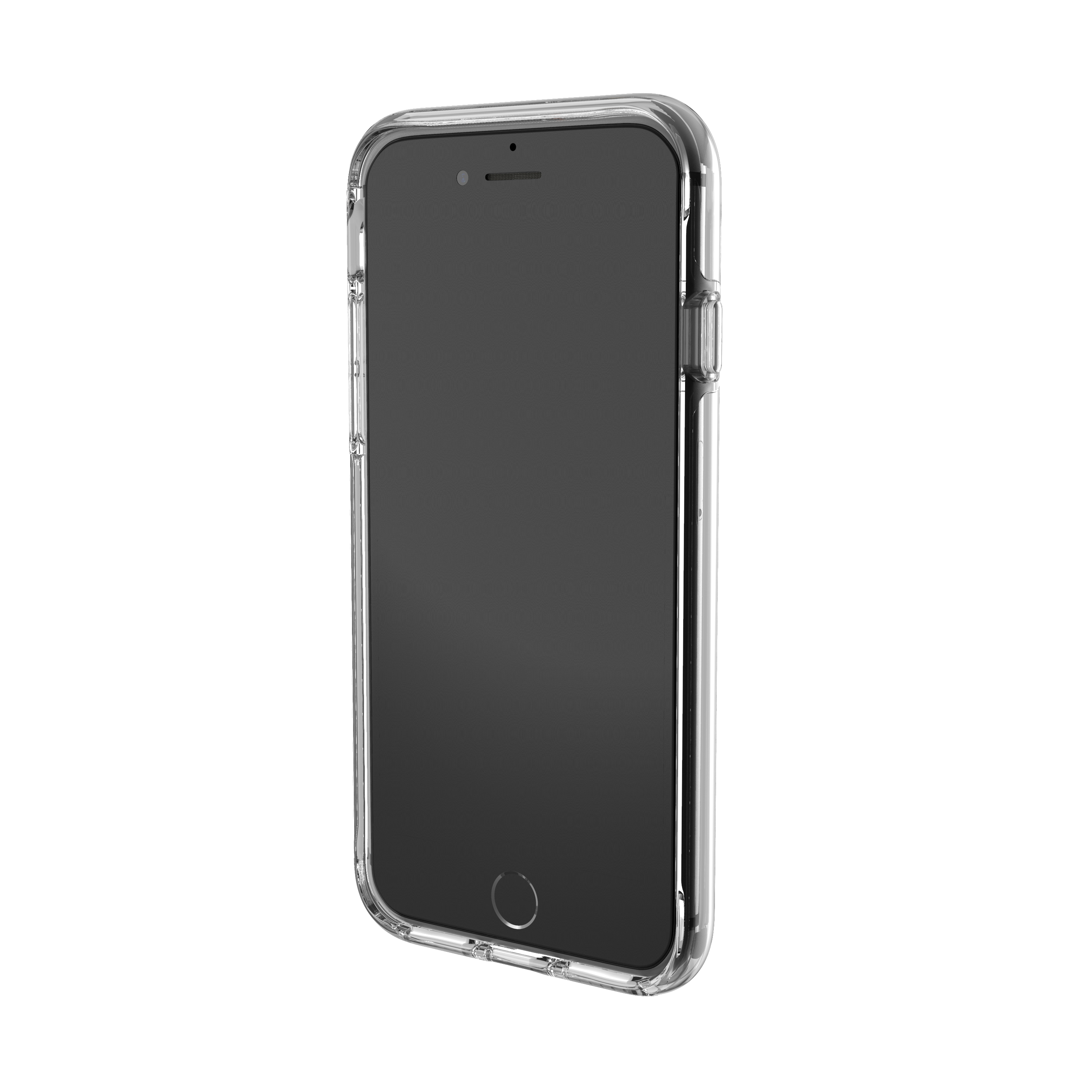 Ein schwarzes Smartphone in einer durchsichtigen Hülle. Der Bildschirm ist schwarz.