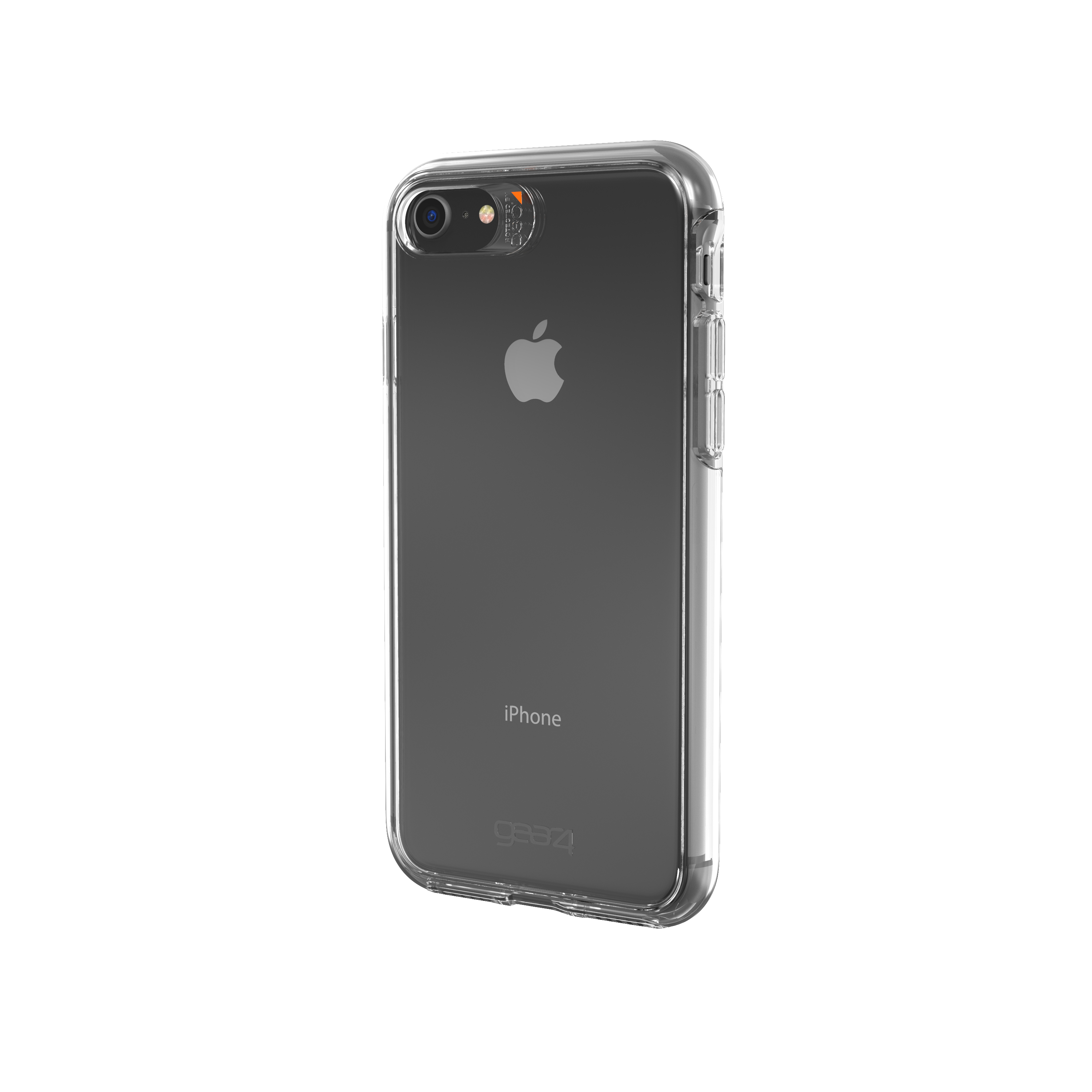 Transparente iPhone-Hülle auf einem iPhone. Das Apple-Logo ist sichtbar. Die Hülle ist transparent.