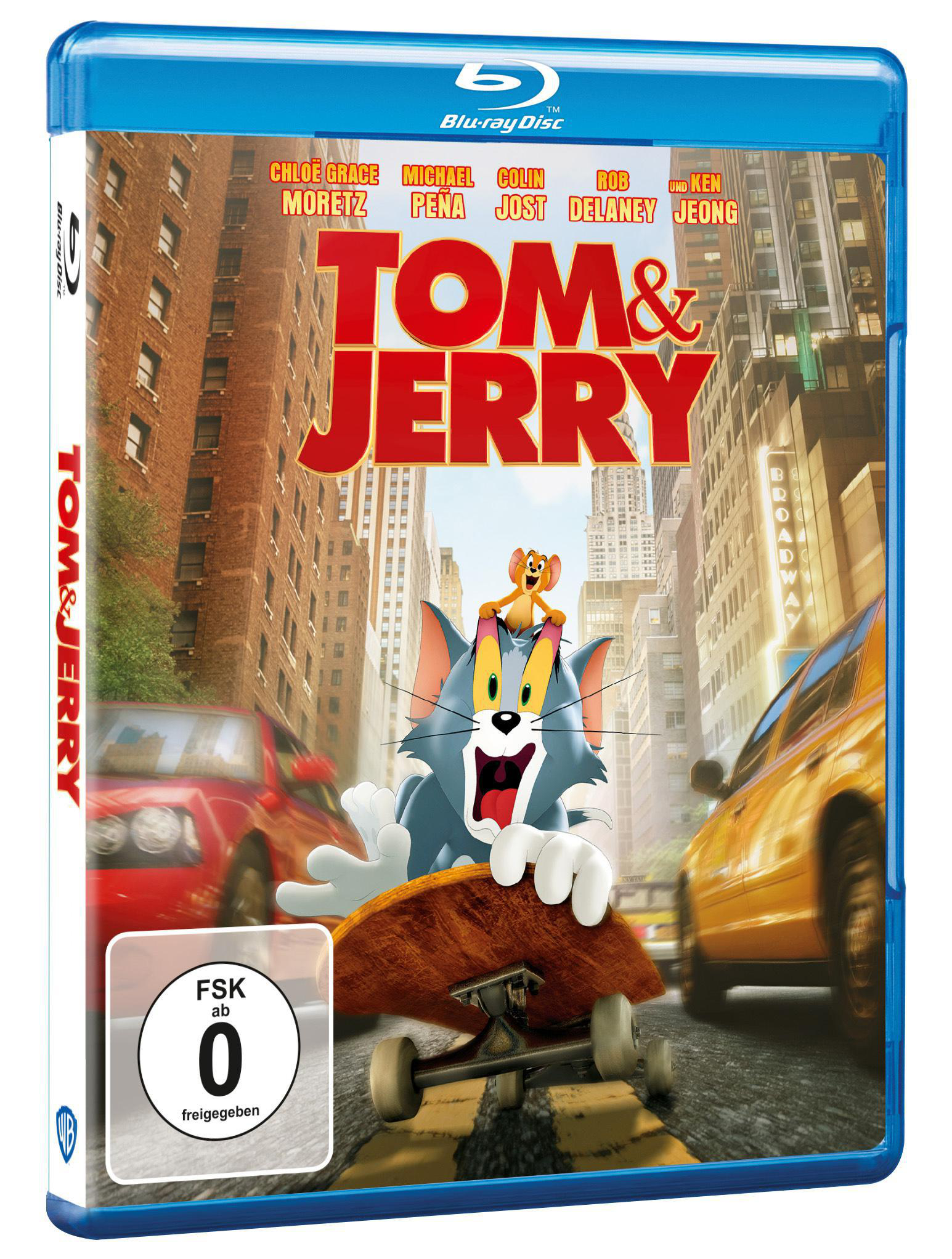 Blu-ray-Disc-Cover von Tom & Jerry. Katze und Maus auf Skateboard vor Gebäuden und Autos. Blauer Rand.