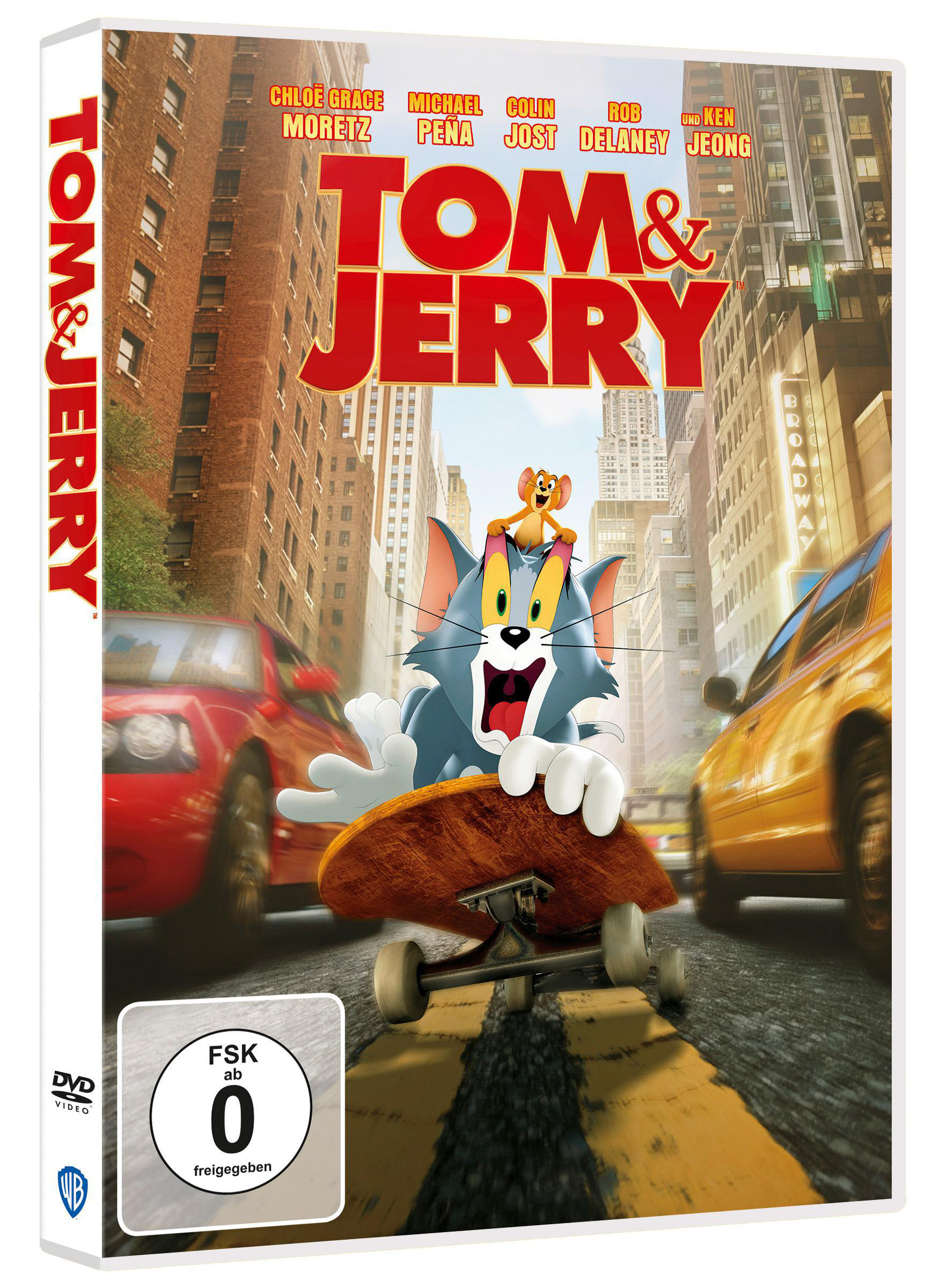 Tom & Jerry DVD-Hülle. Tom, Jerry und ein Skateboard in einer Stadtszene.