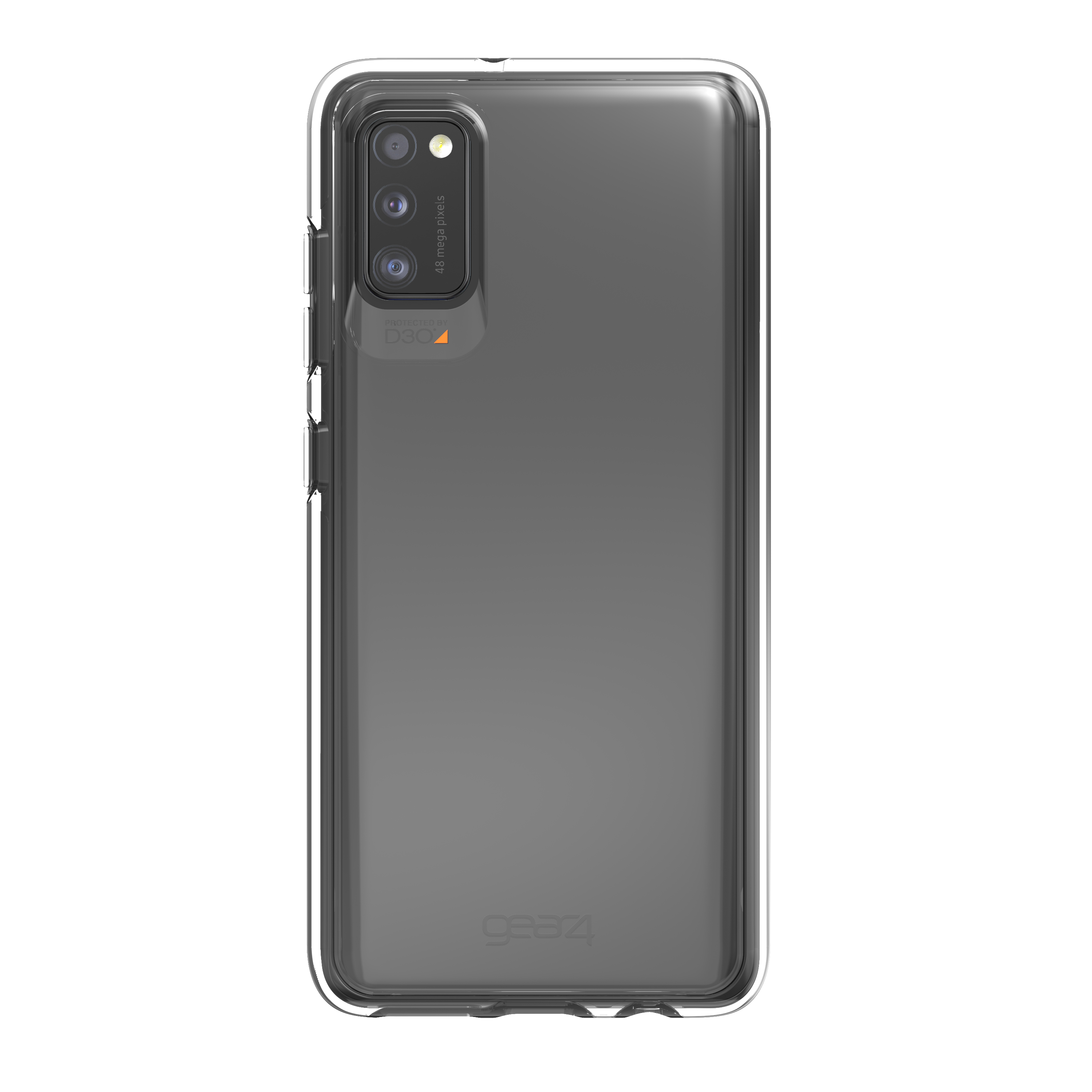 Eine schwarze Handyhülle, transparent auf der Rückseite des Telefons, zeigt Kamera und Tasten.