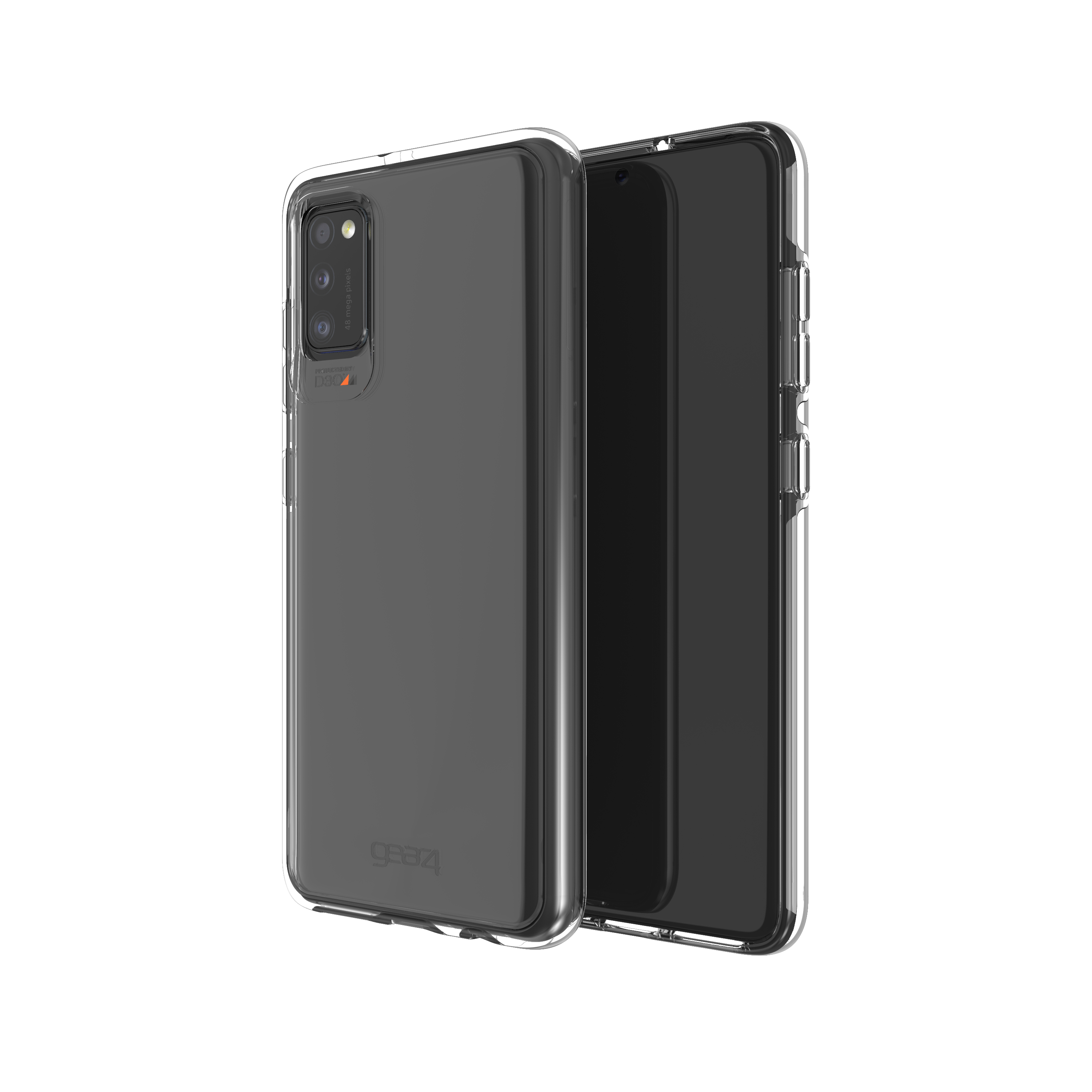 Transparente Handyhülle mit schwarzem Telefon. Die Hülle hat einen Kameraausschnitt.