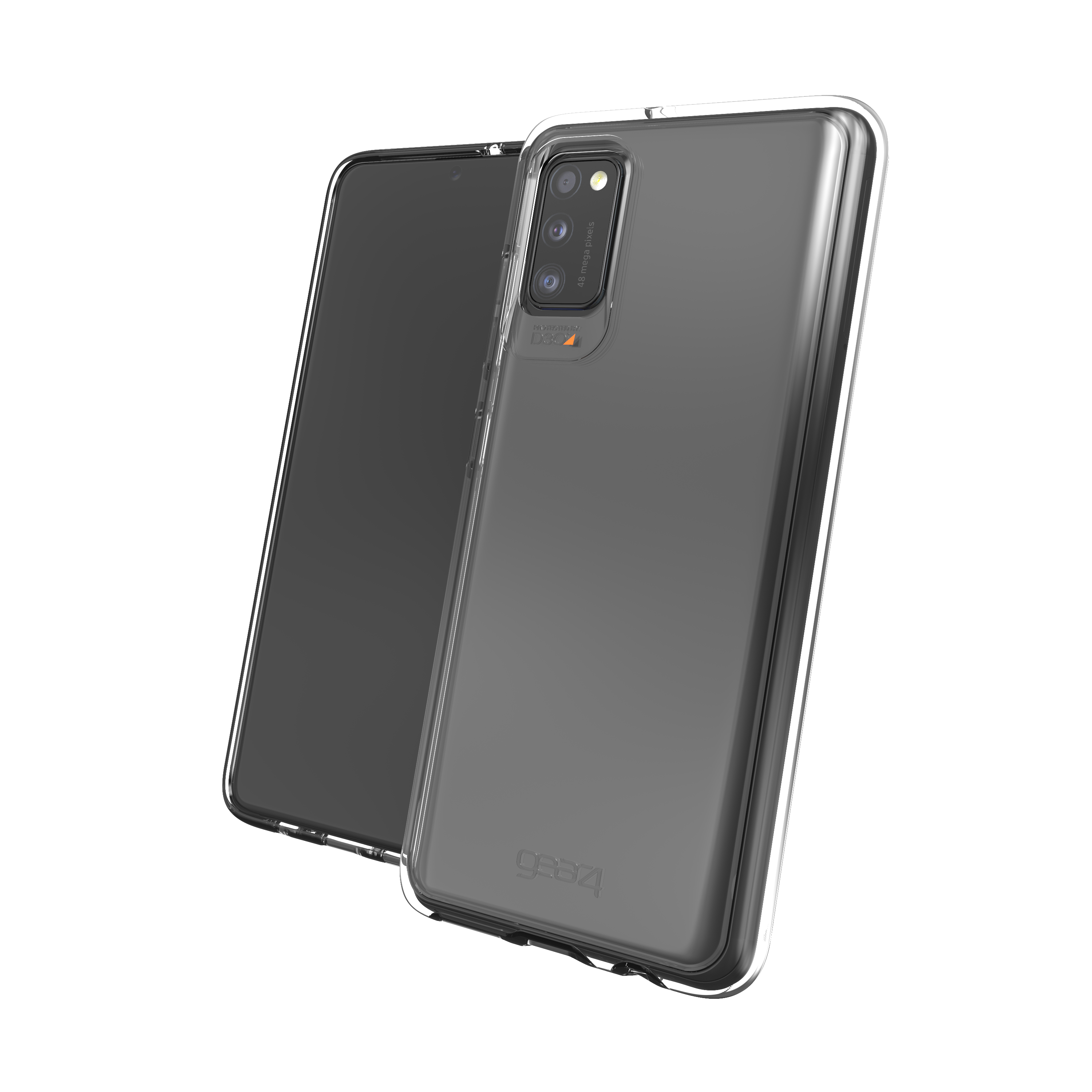 Eine transparente Handyhülle auf einem schwarzen Telefon.
