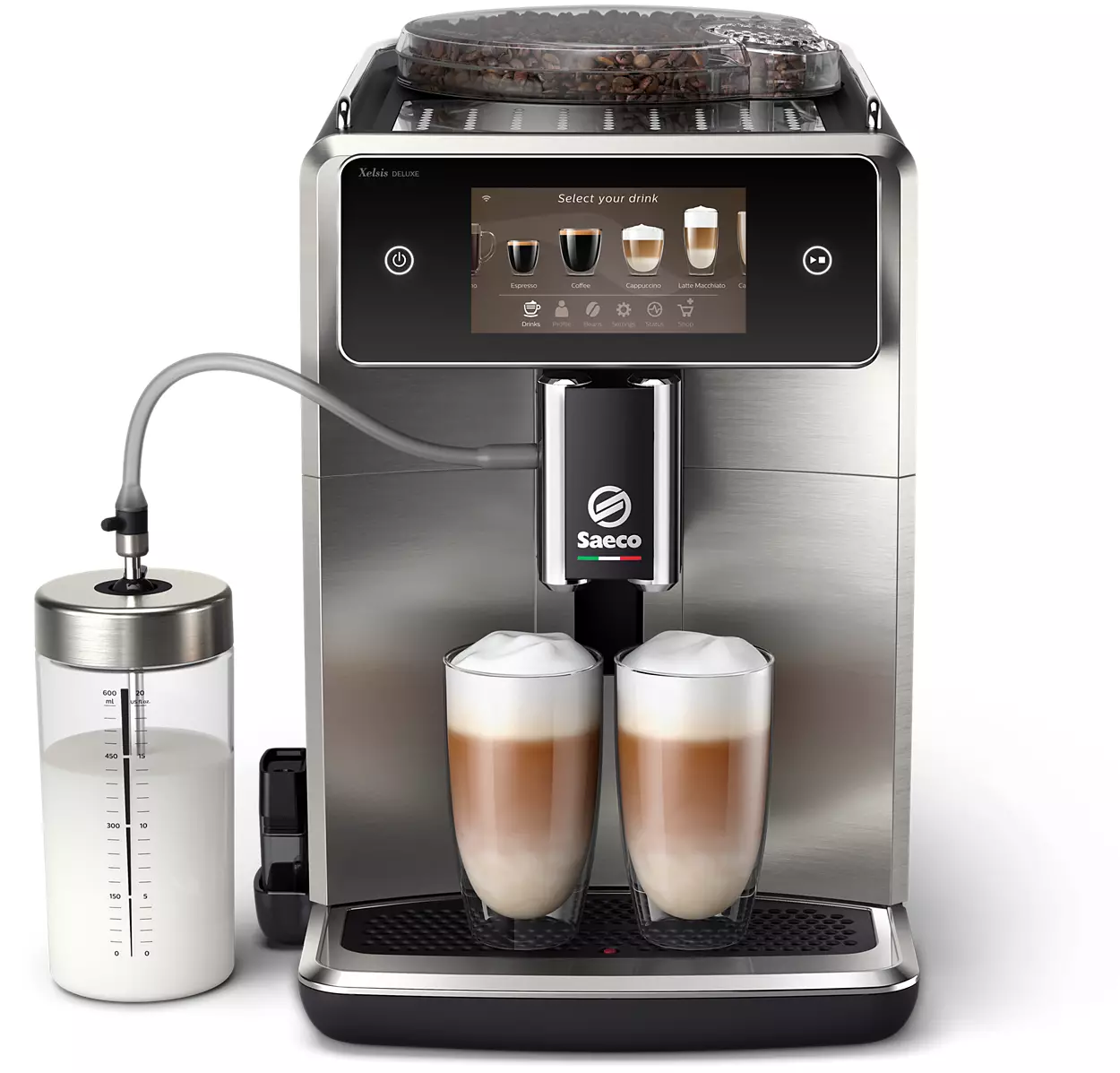A silver and black Saeco coffee machine with two coffee glasses and a milk container.