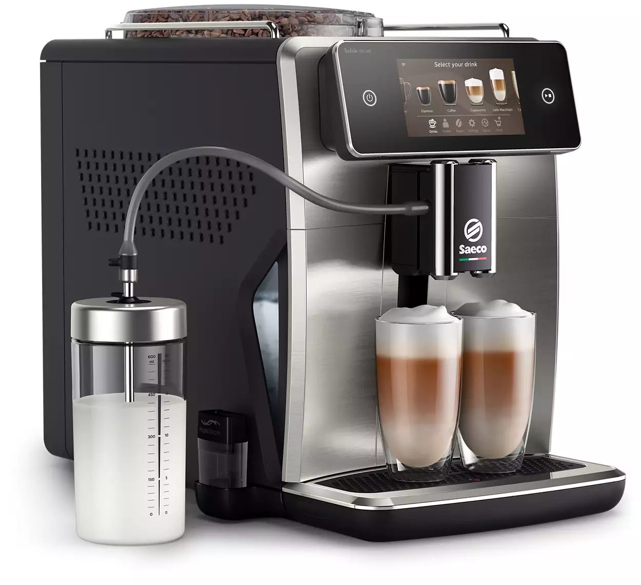 Coffee machine with milk container and two glasses of latte.