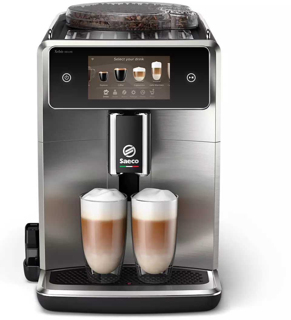 Saeco Xelsis Suprema coffee machine. Two glasses of latte are on the table.