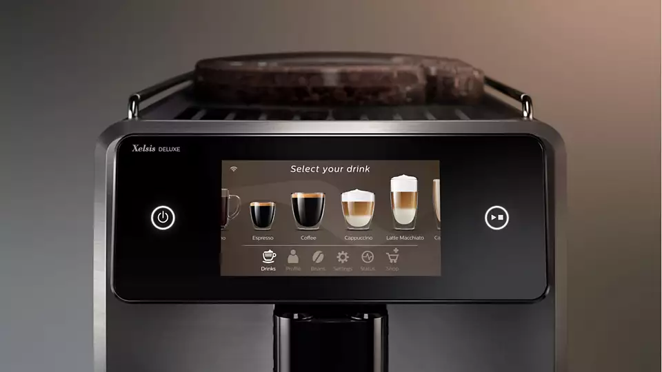 Coffee machine display, selecting drink options: espresso, coffee, cappuccino, latte.