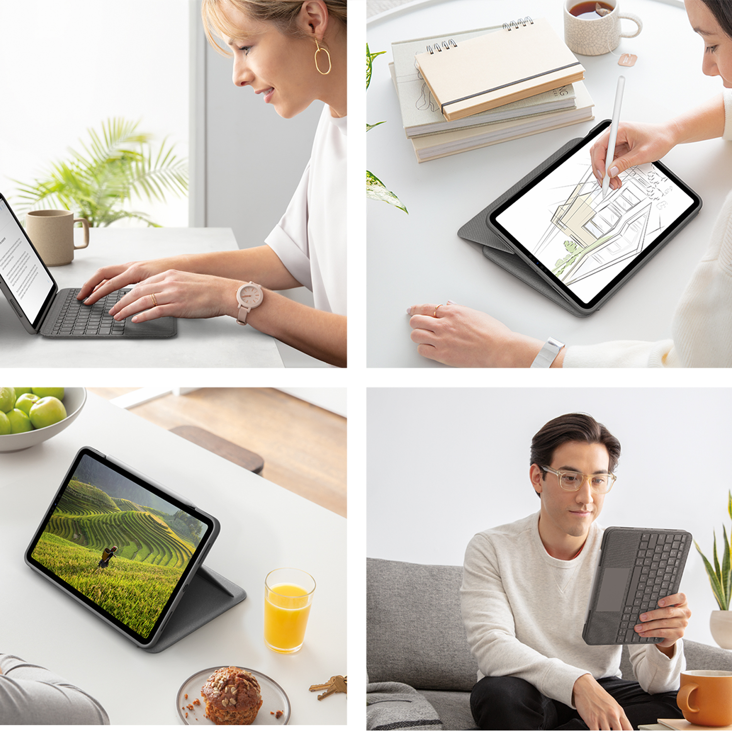 Four images showing people using tablets with keyboards in different settings. Various activities are shown.