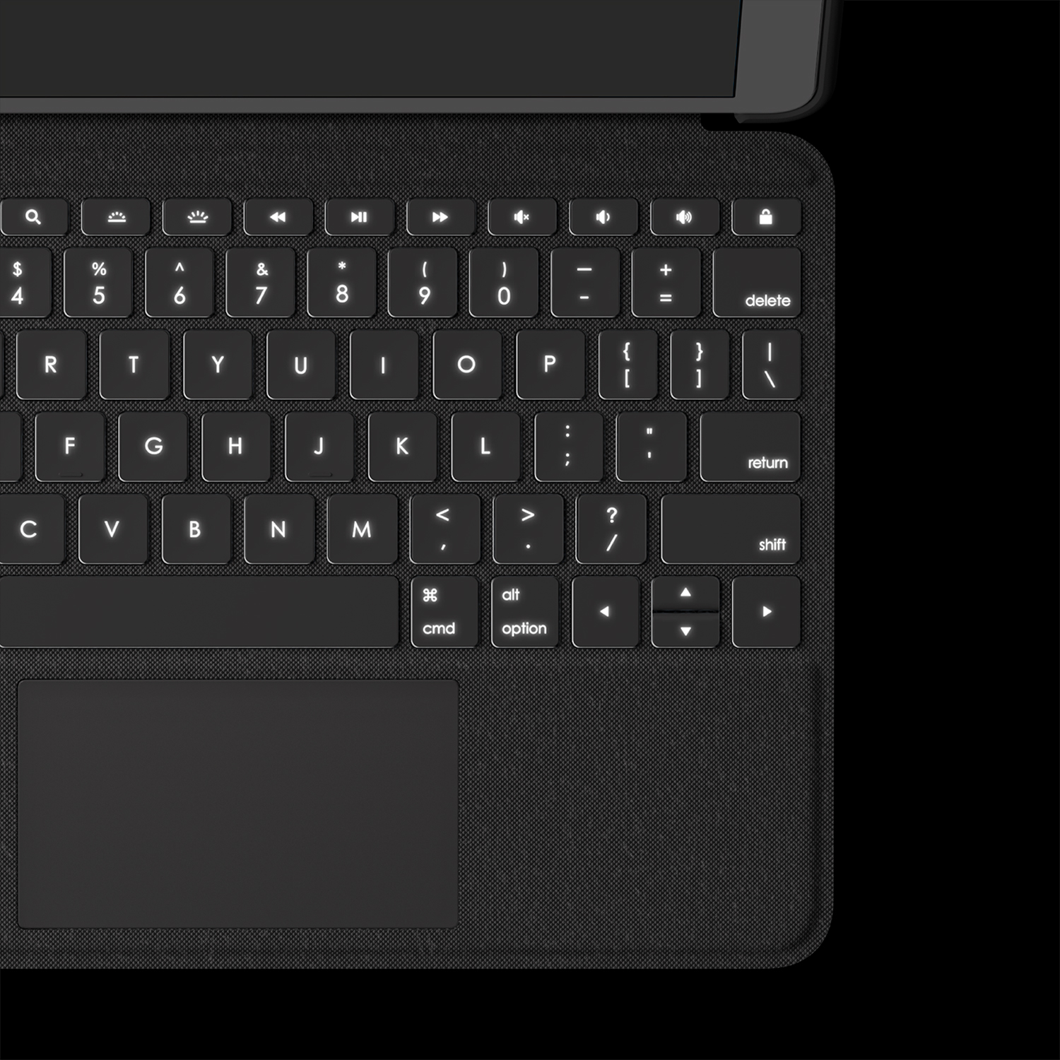 Keyboard with illuminated keys, trackpad, and a sleek black design.