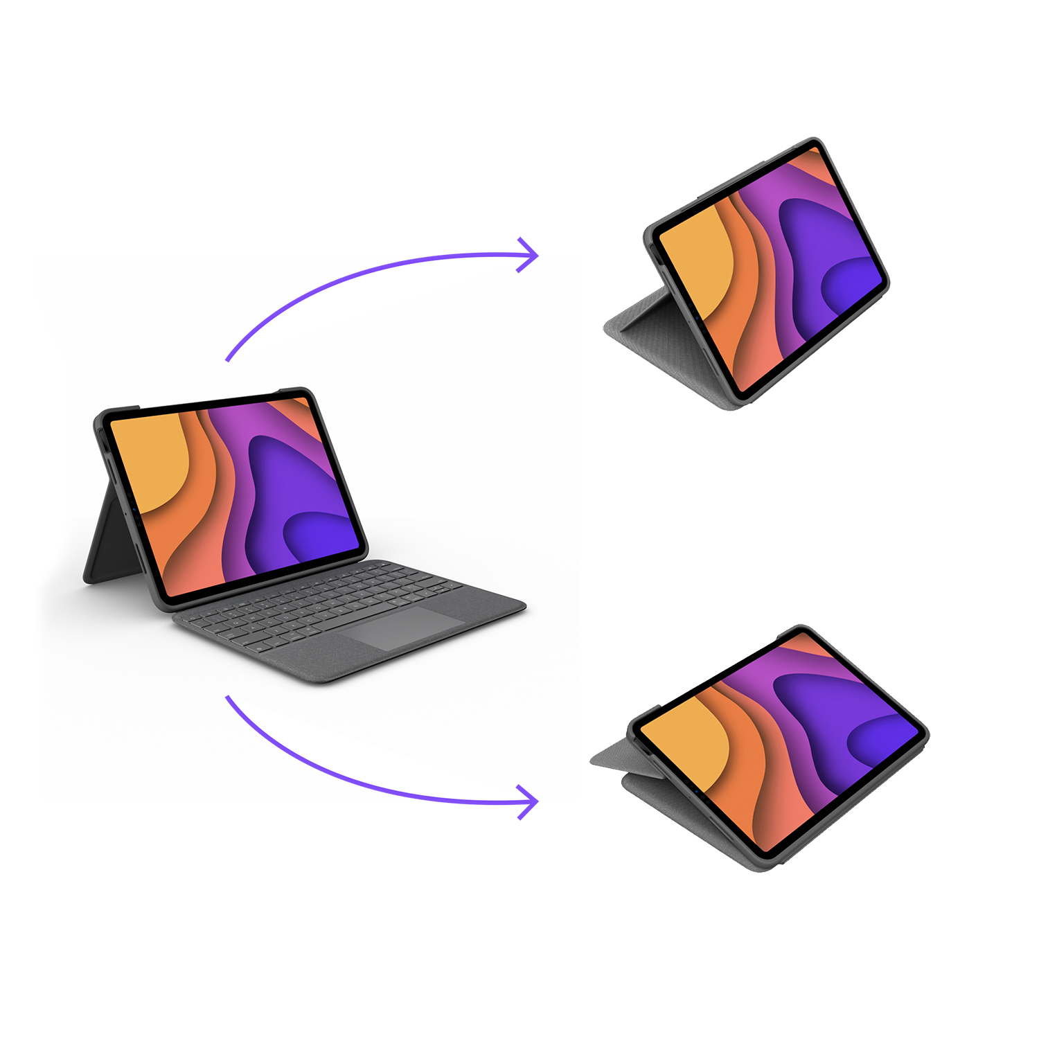 An iPad with a colorful patterned screen, in different angles with a keyboard case.