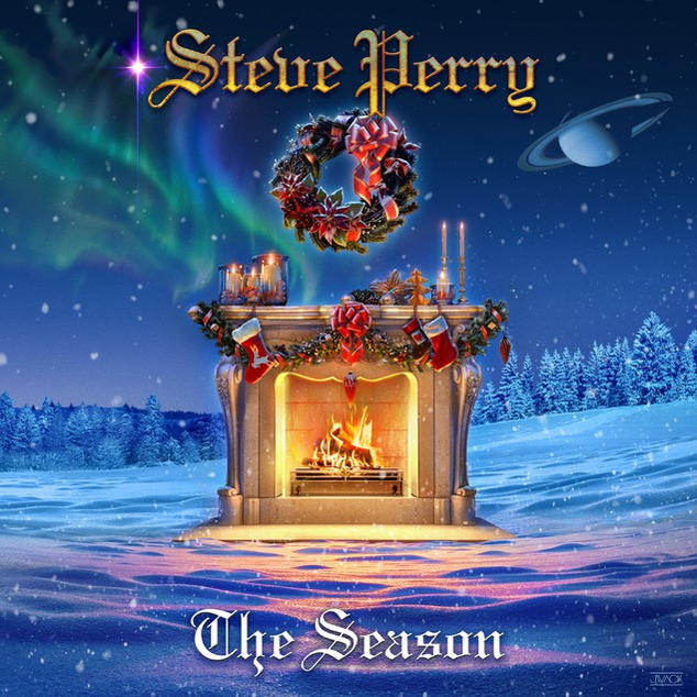 Steve Perry The Season című albumának borítója. Karácsonyi kandallós jelenet hóval.