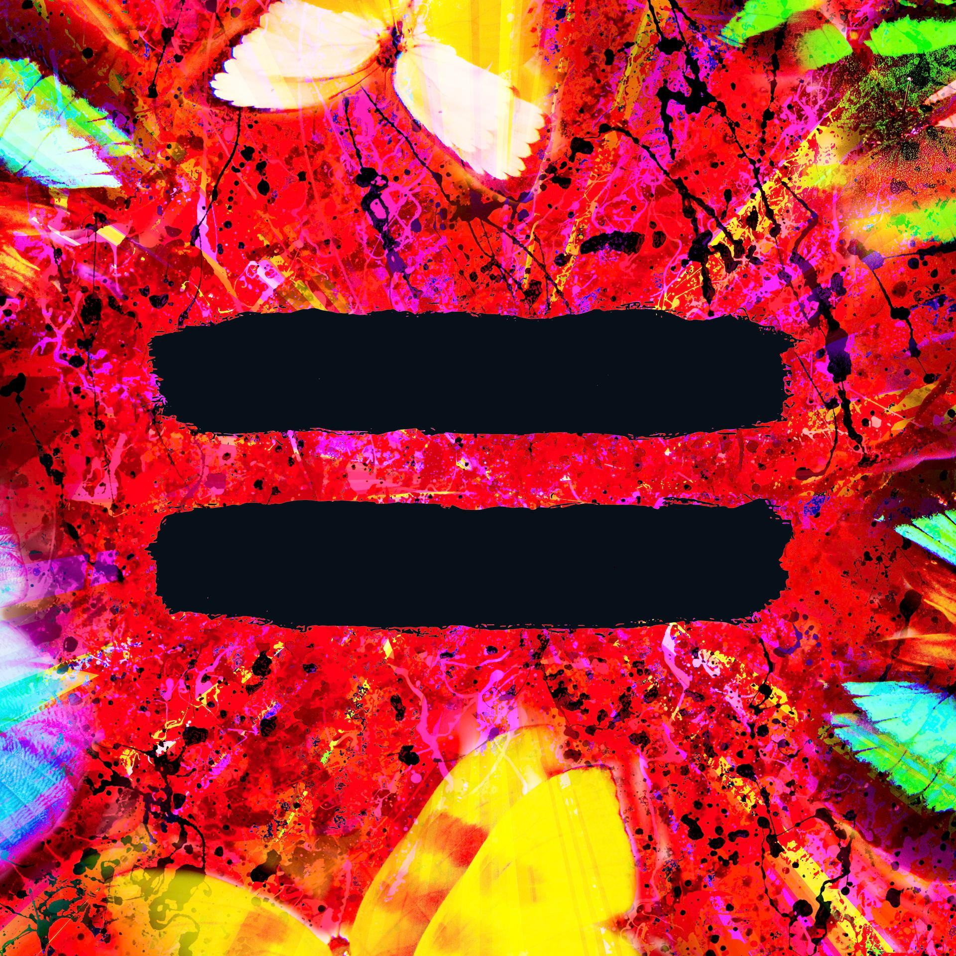 Pochette de l'album d'Ed Sheeran avec un signe égal noir sur fond rouge avec des papillons.