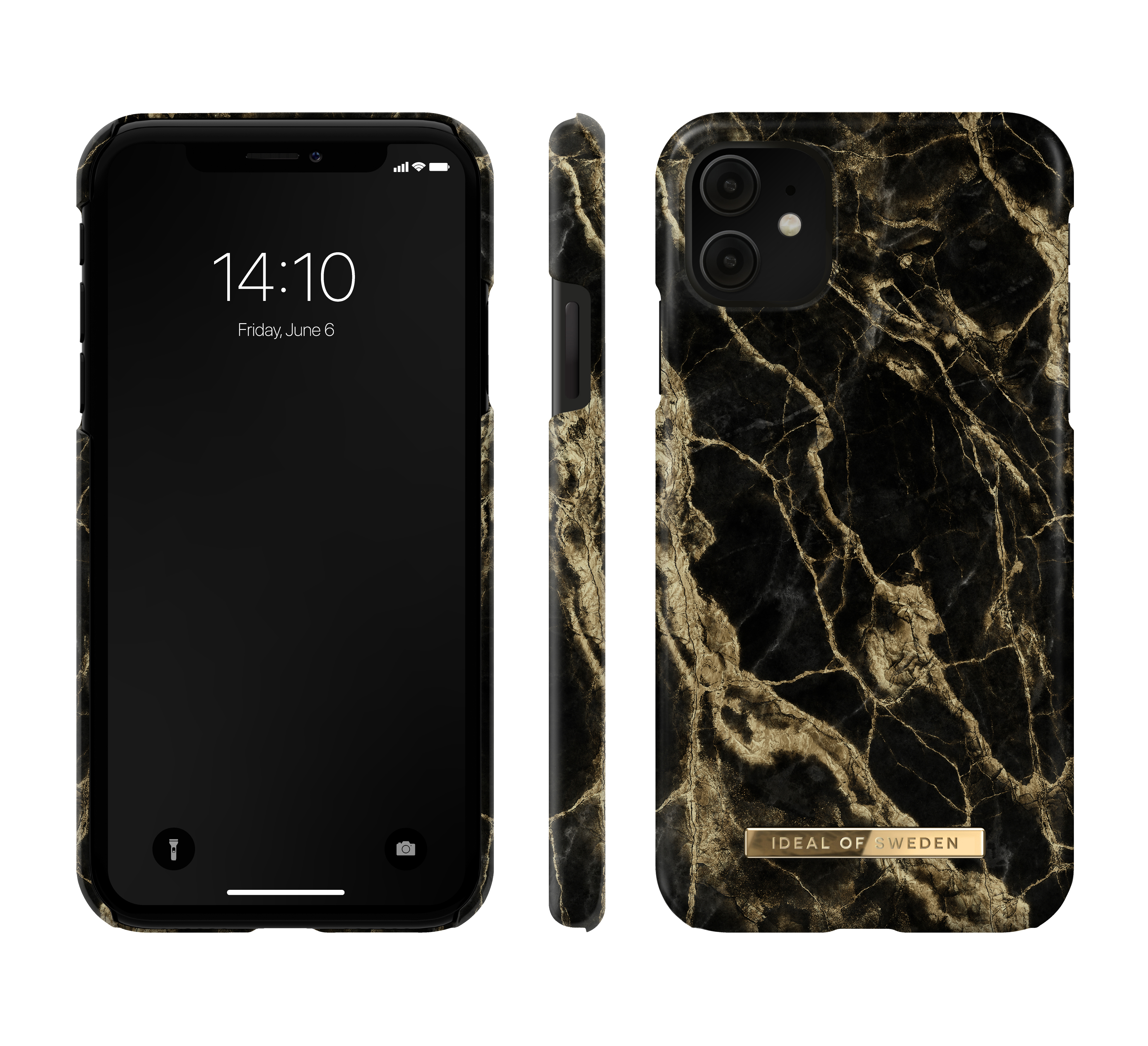 Schwarzes Telefon mit Marmormuster-Hülle, 3 Ansichten, Uhrzeit.