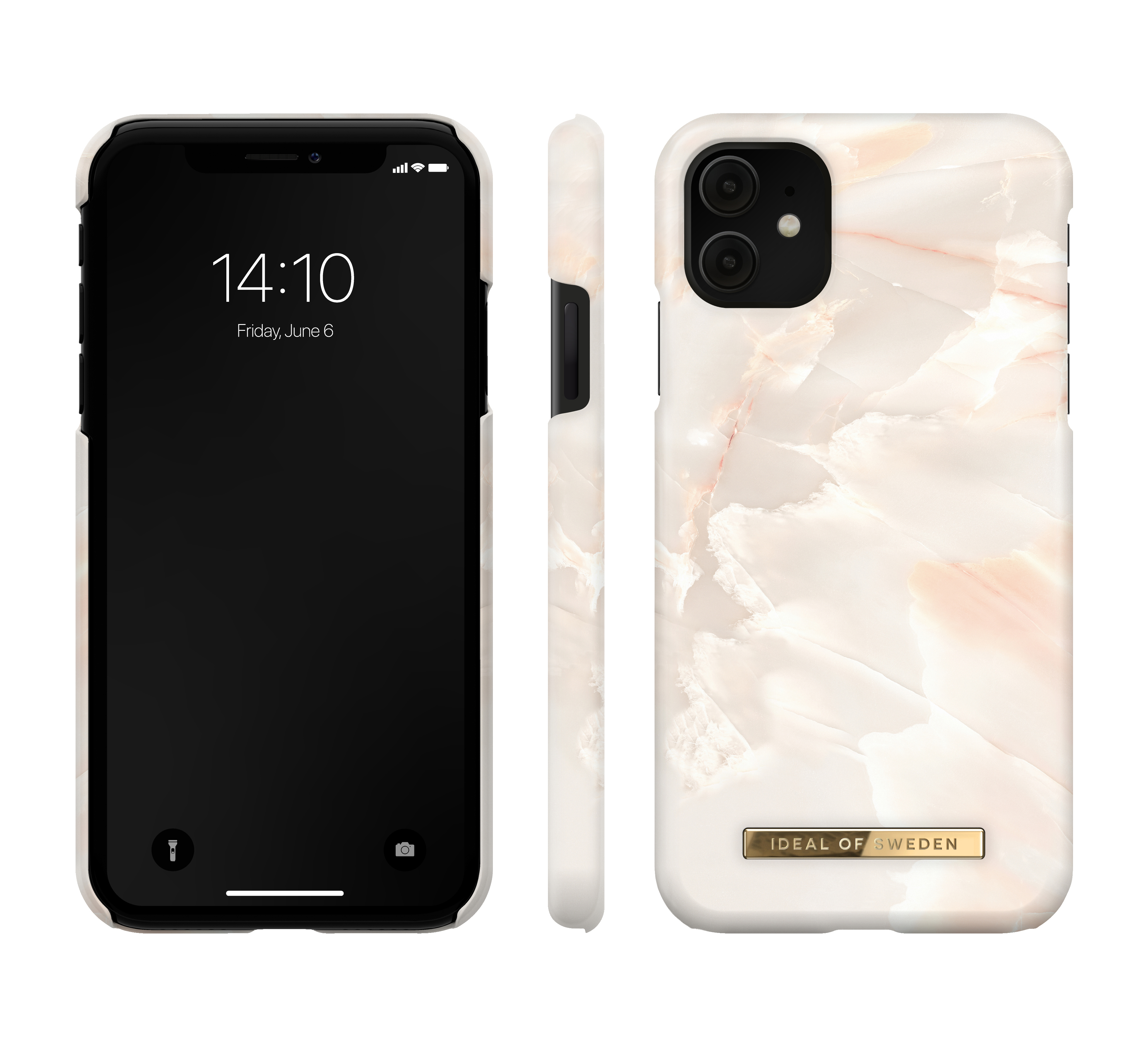 Drei Ansichten eines Smartphones in einem marmorierten Gehäuse. Das Telefon zeigt die Uhrzeit und das Ideal of Sweden-Logo.