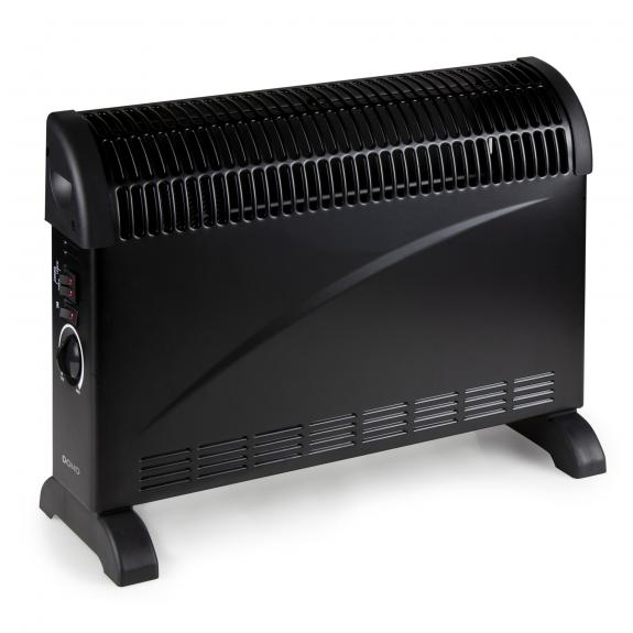 Black electric heater. It has a curved front and a control panel with a dial.
