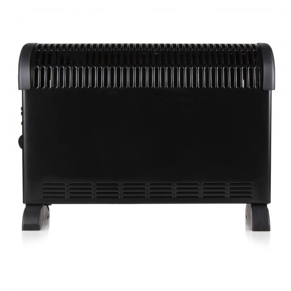 Black electric heater with horizontal vents and black feet on the bottom.