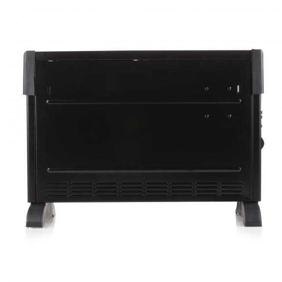 The back of a black electric heater with feet, isolated on a white background.
