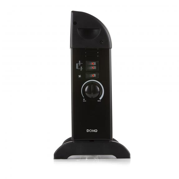 A black electric heater with dials, buttons, and a DOMO label. 